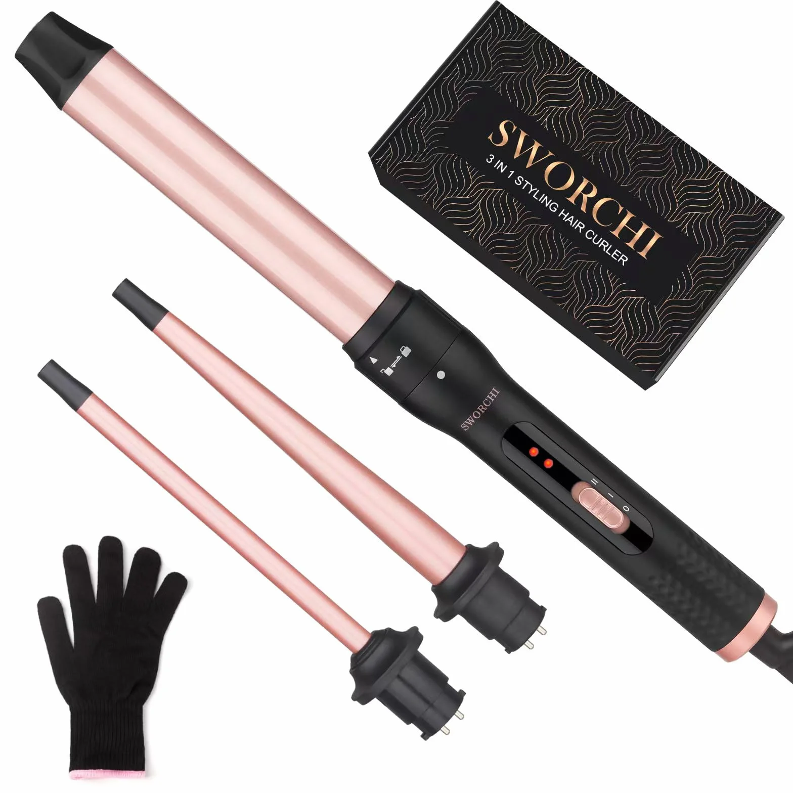 Boucleur a Cheveux 3 en 1 Fer a Boucler Céramique Boucleur Cheveux avec Température Réglable Hair Curler Interchangeable 9-32mm Fer a Friser pour Cheveux Longs Courts avec Gant