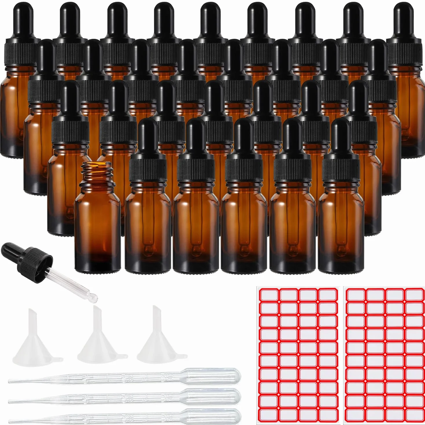 Lot de 30 flacons compte-gouttes en verre ambré de 10 ml avec pipette compte-gouttes vides rechargeables pour huiles essentielles, parfums, liquides