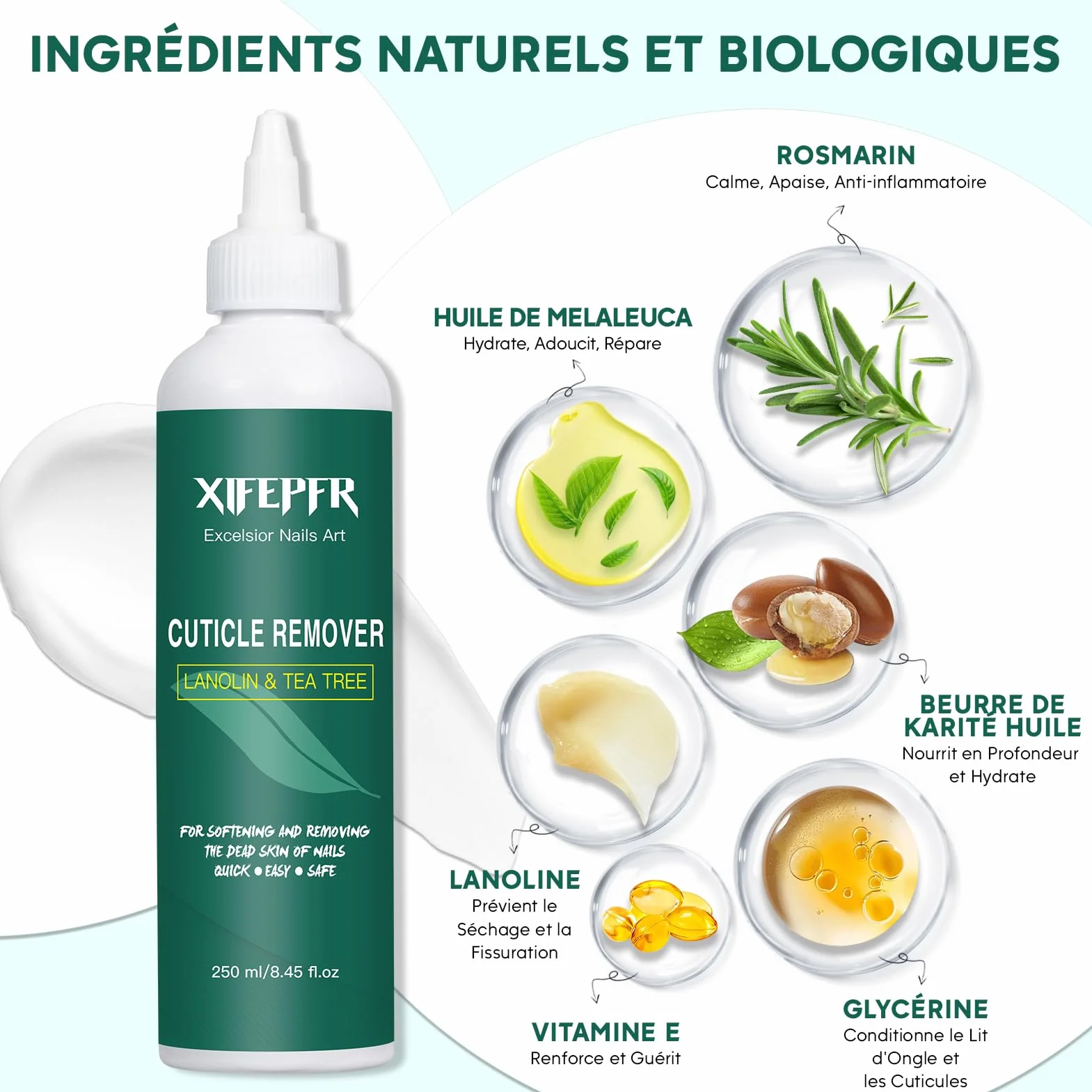Crème Remover de Cuticules 250ml Adoucissant Cuticules Liquide Décapant Instantané Ongles Pro Enlève Cuticules Senteur Romarin