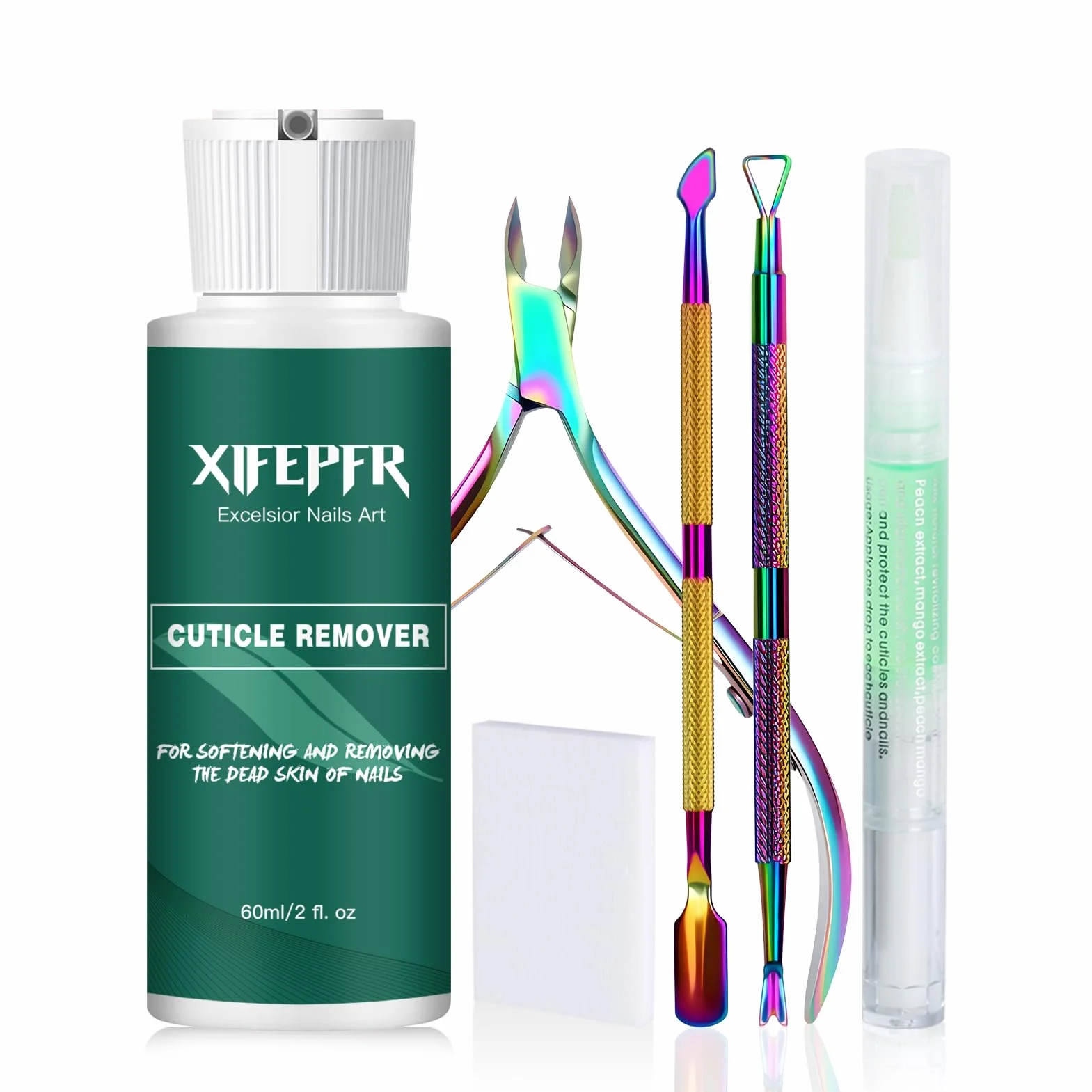 Kit de Remover de Cuticules avec Crème, Stylo d'Huile, Coupe-Cuticules, Pousseur et Tampons
