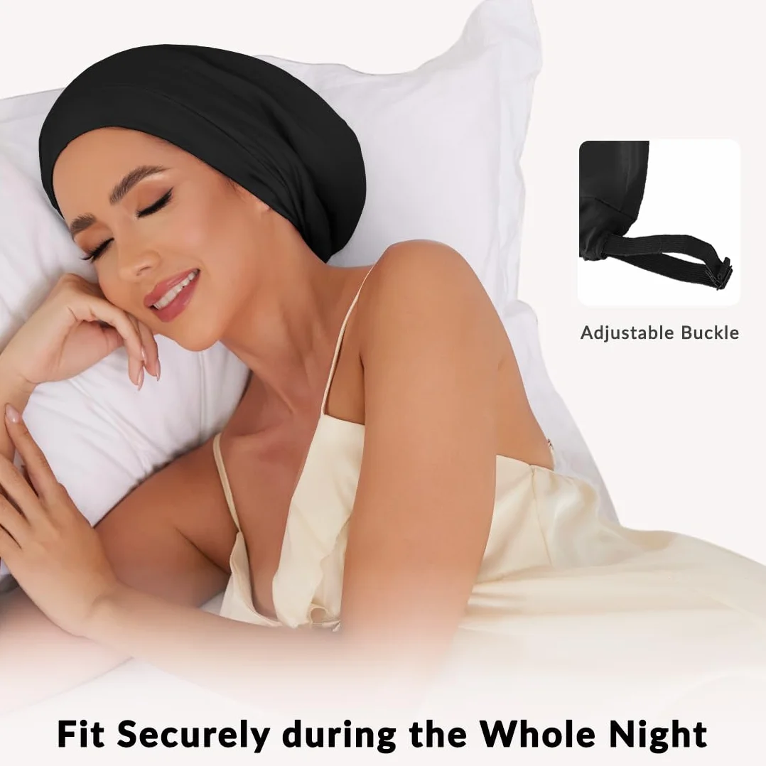 Bonnet de nuit en 100 % soie de mûrier pour femme - Bonnet de nuit en soie avec fermeture réglable - Bonnet souple à doublure en soie pour boucles et cheveux longs - Noir
