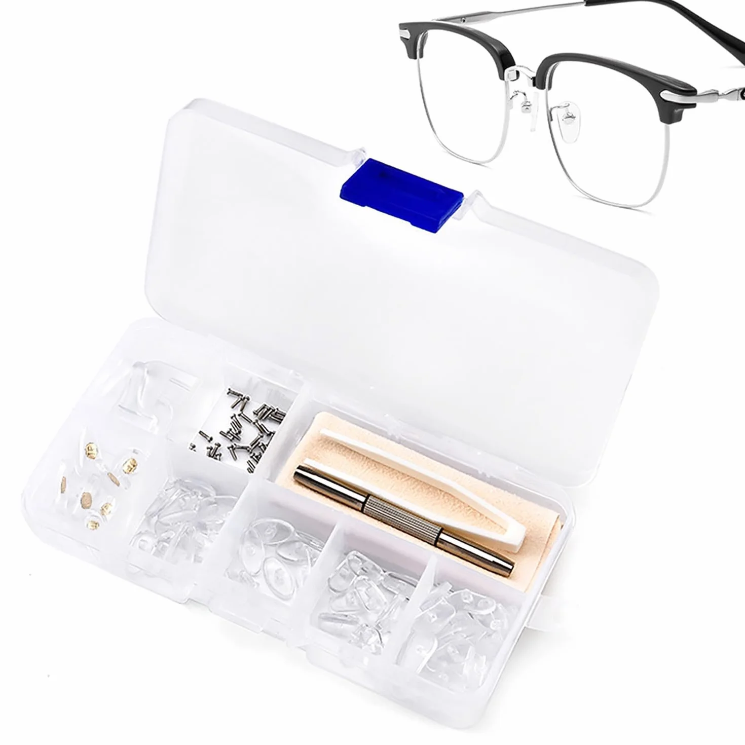Plaquettes de Nez de Lunettes en Silicone 30 Paires, Kit de Réparation de Lunettes avec Vis Pincette Chiffon Tournevis