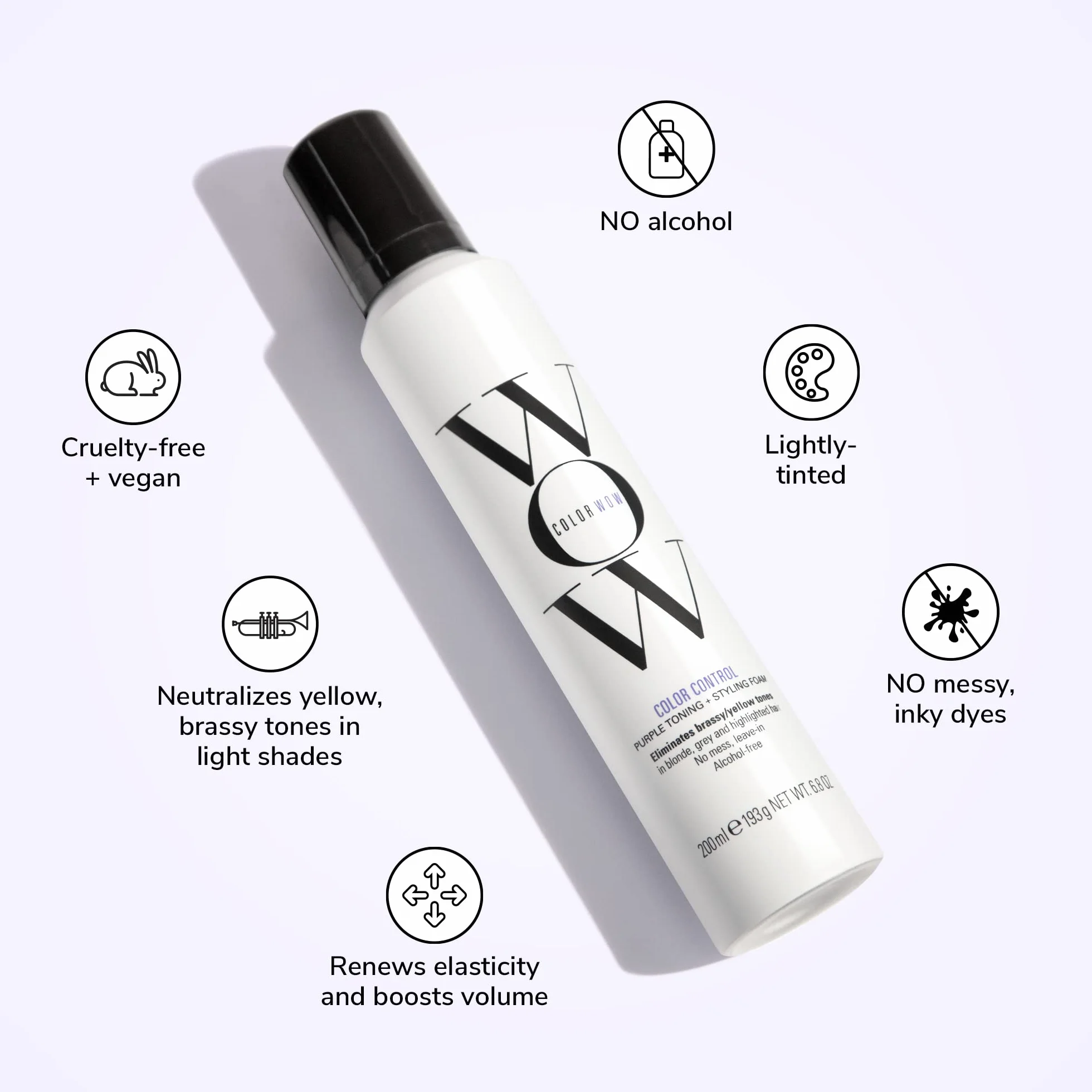 COLOR WOW Contrôle de la couleur + mousse tonifiante pour cheveux blonds – Élimine l'orange et le laiton ; pas de taches ; sans alcool ; mousse tonifiante teintée violette éclaircit les cheveux en une