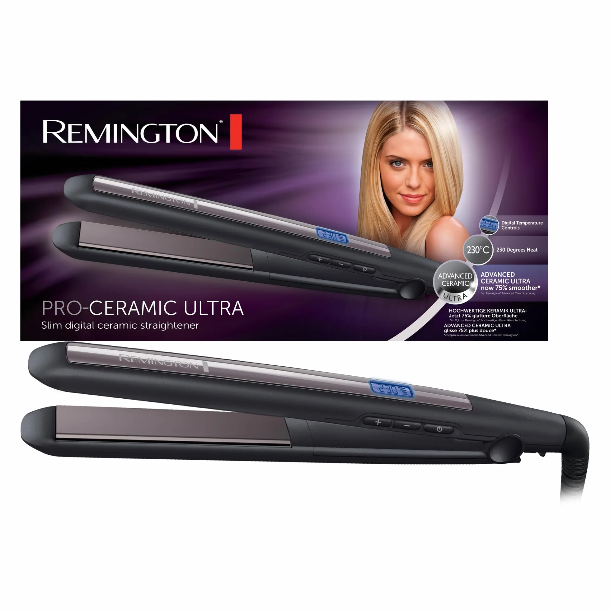 Remington Lisseur Cheveux [ Douceur, Glisse facile & Style longue durée] Pro-Ceramic Ultra (Revêtement ultra-céramique haute qualité, Écran LCD, 150-230°C) Fer à Lisser S5505