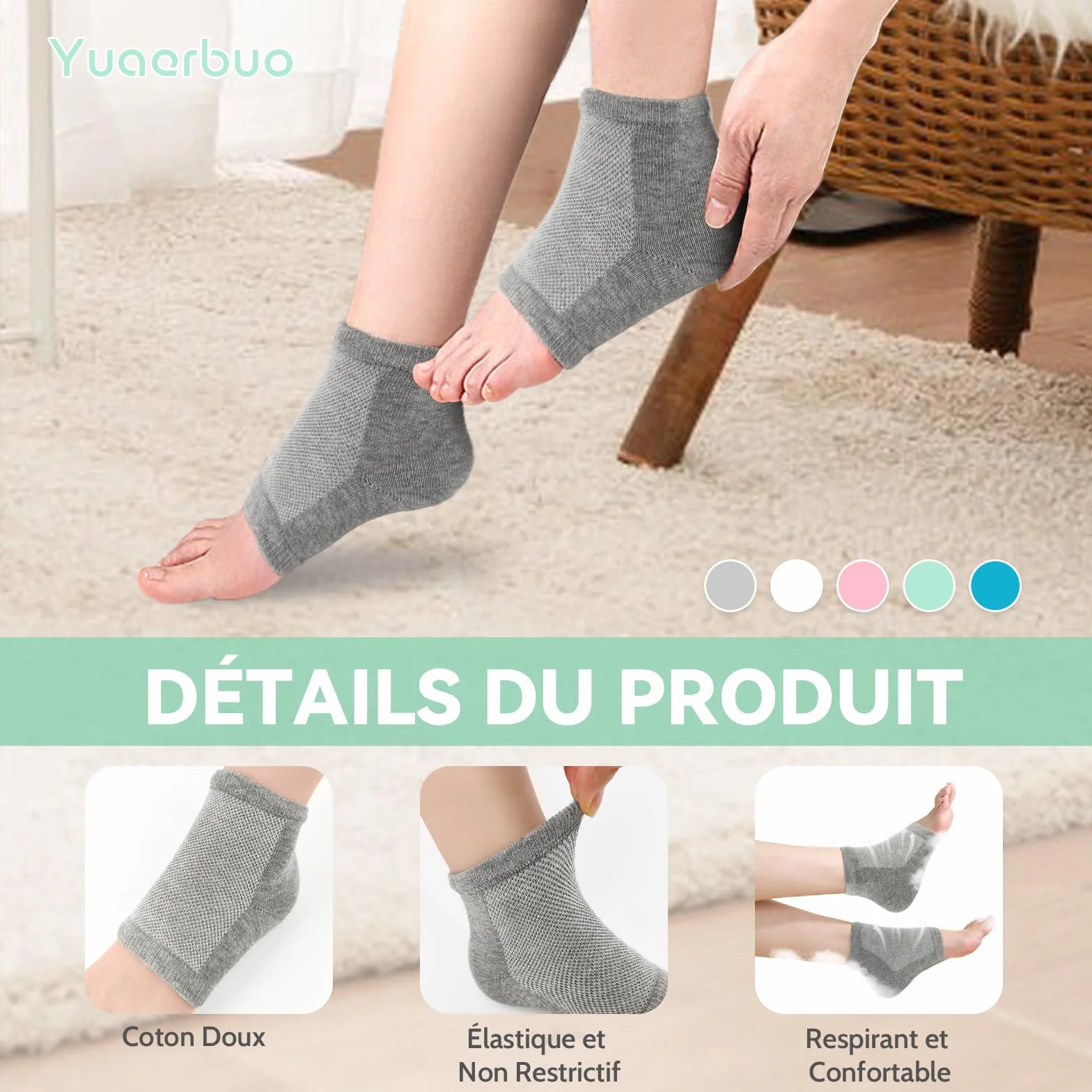 Chaussettes Hydratantes à Talon Souple 4 Respirant pour Pieds Secs avec Gel et Sans Gel Réutilisable