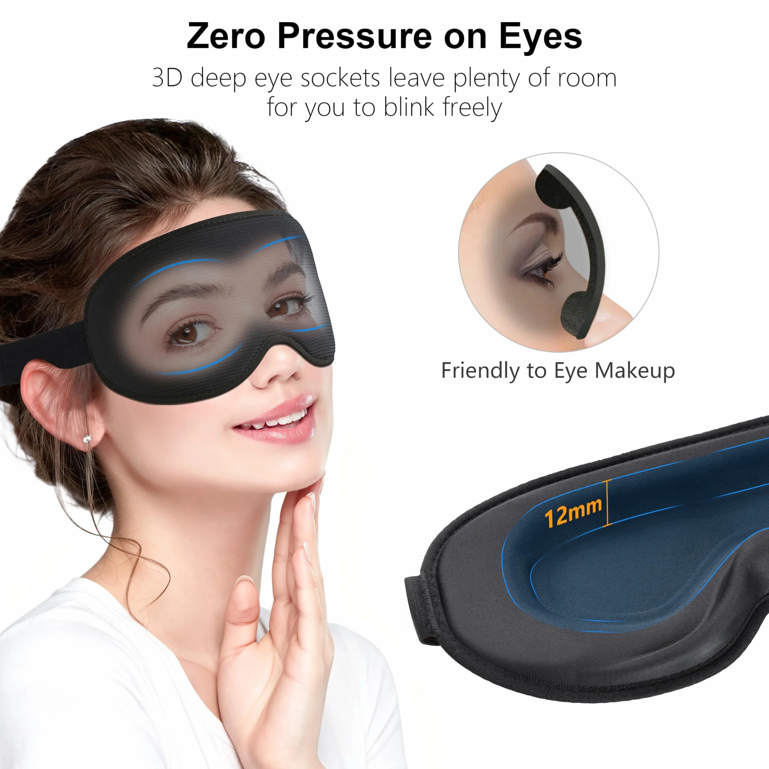Gritin Masque de Nuit 3D Anti-Lumière Zéro Pression Oculaire Design Elargi Bande Réglable Cache Yeux pour Dormir