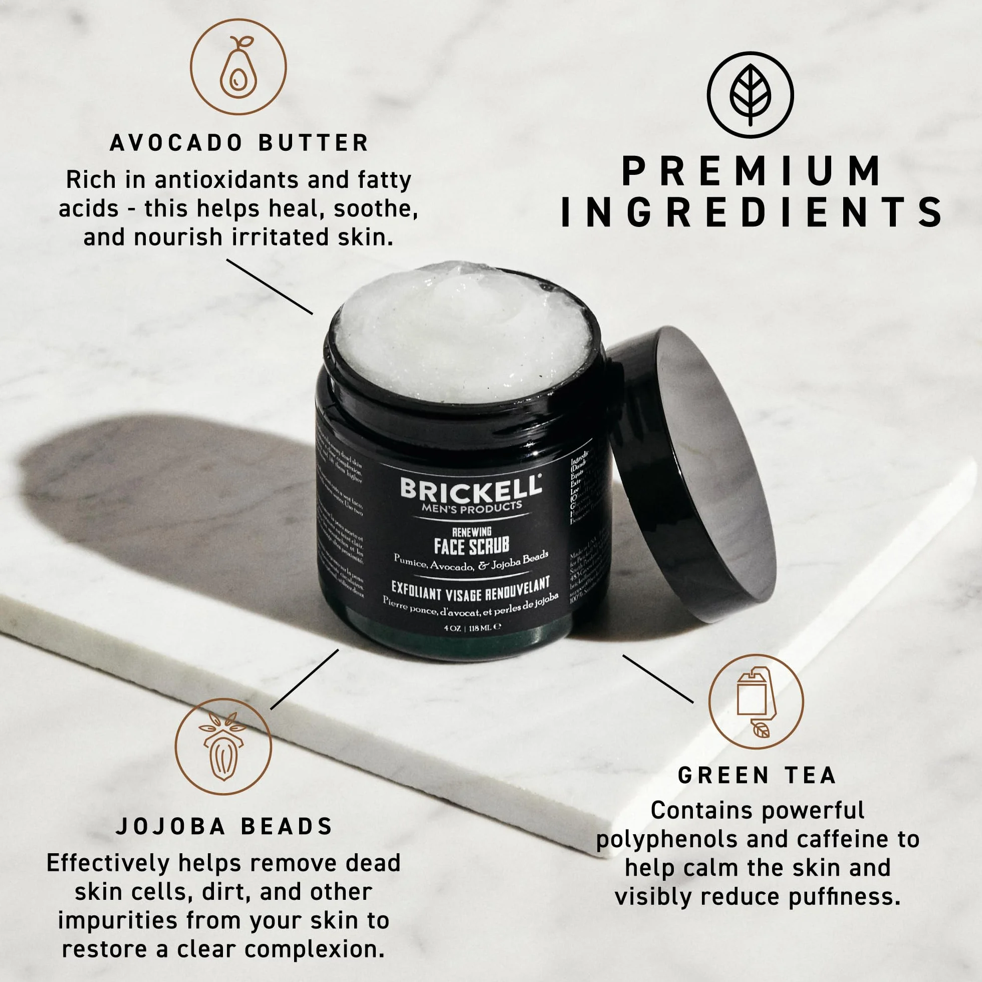 Brickell Men's Products Gommage Visage Renouvelant, Exfoliant Visage Gommage Naturel et Bio, 118ml