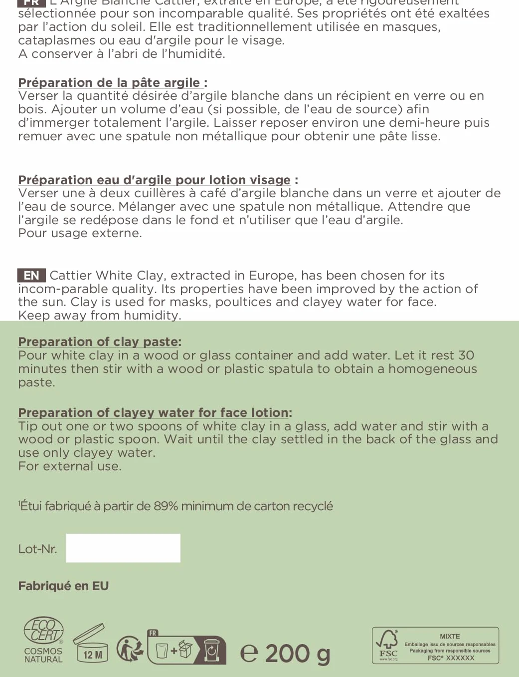 Cattier Argile Blanche Surfine Kaolin 200g