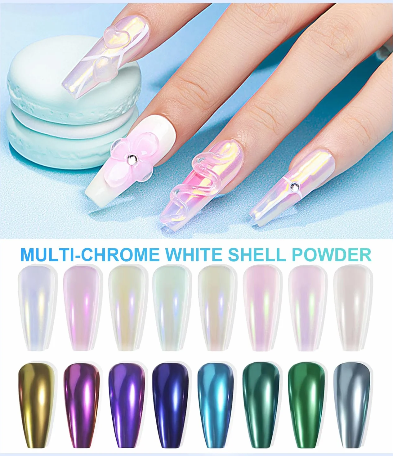 Pearl Poudre Chrome Ongle BISHENGYF 8Pcs Aurora Ice Schimmer Perles Chrome Powder Nail Art Manucure