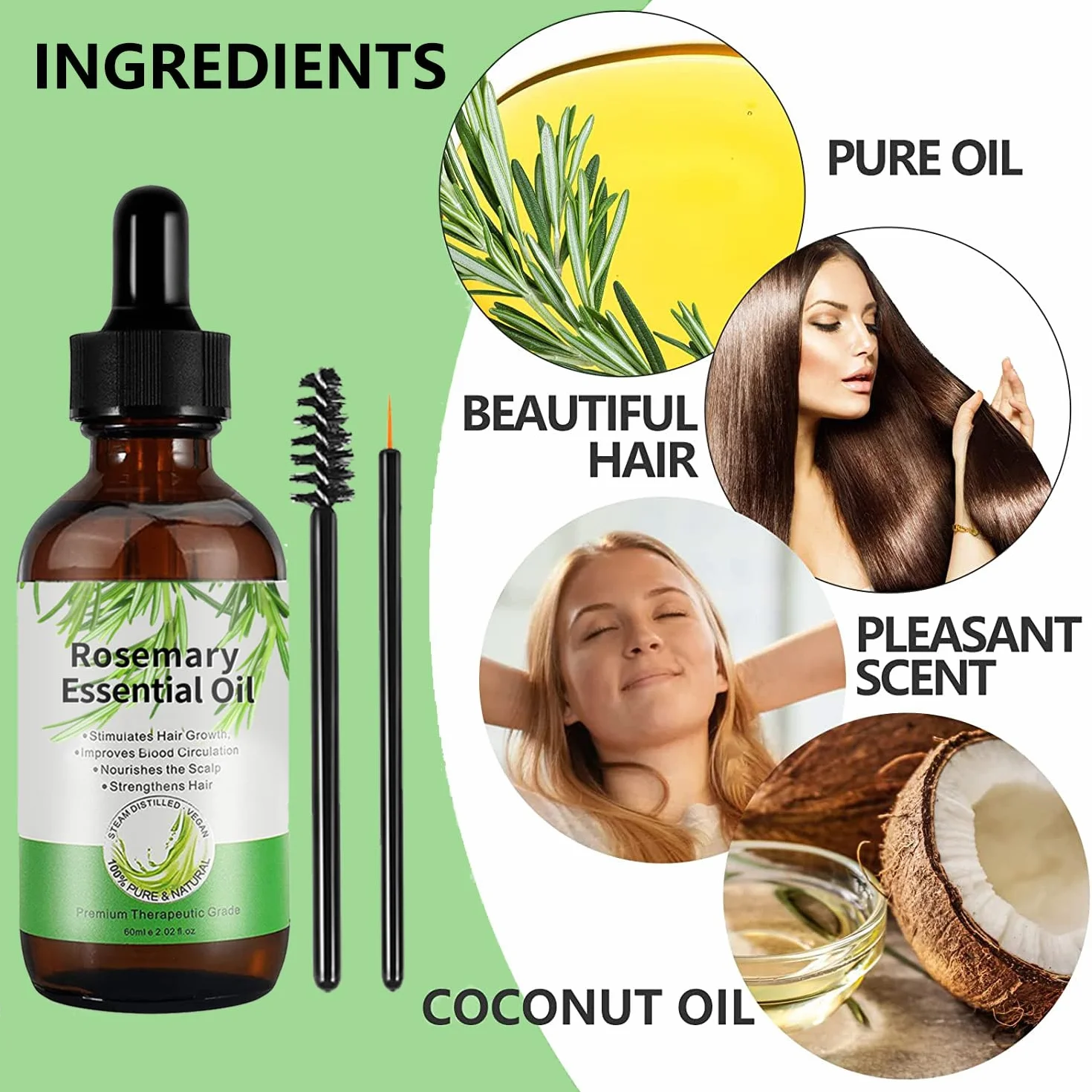 Huile de romarin pour la croissance des cheveux, huile essentielle, 60 ml