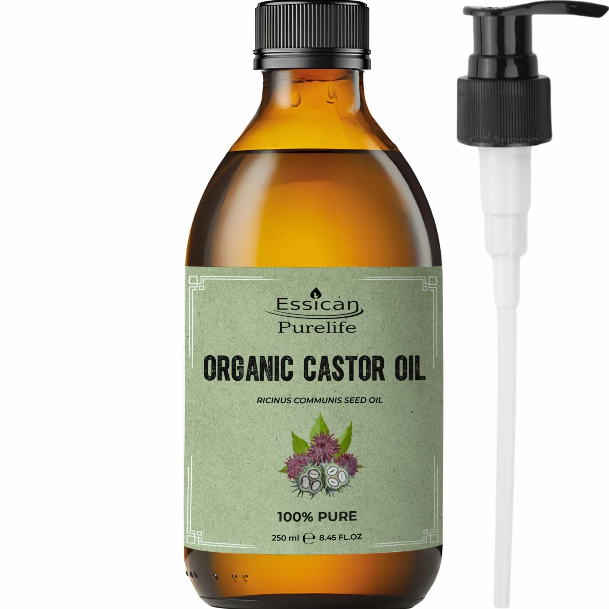 Essican Purelife Huile de Ricin Bio Sans Hexane 250ml Bouteille Verre Pressée à Froid Pure Vitamine E