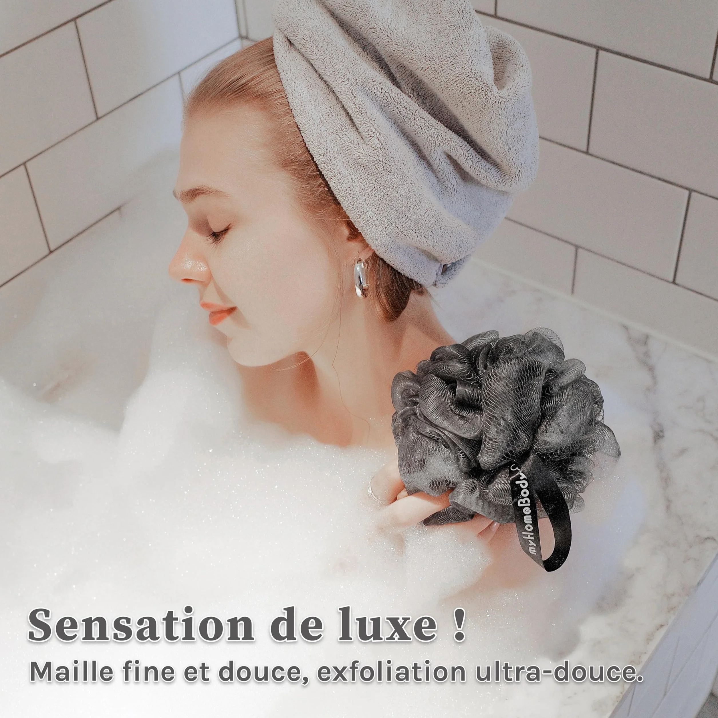 myHomeBody Grande éponge Loofah 70g - Pouf de douche exfoliant au charbon actif - 3 Packs (2 Graphite Gray + 1 Sage Green)