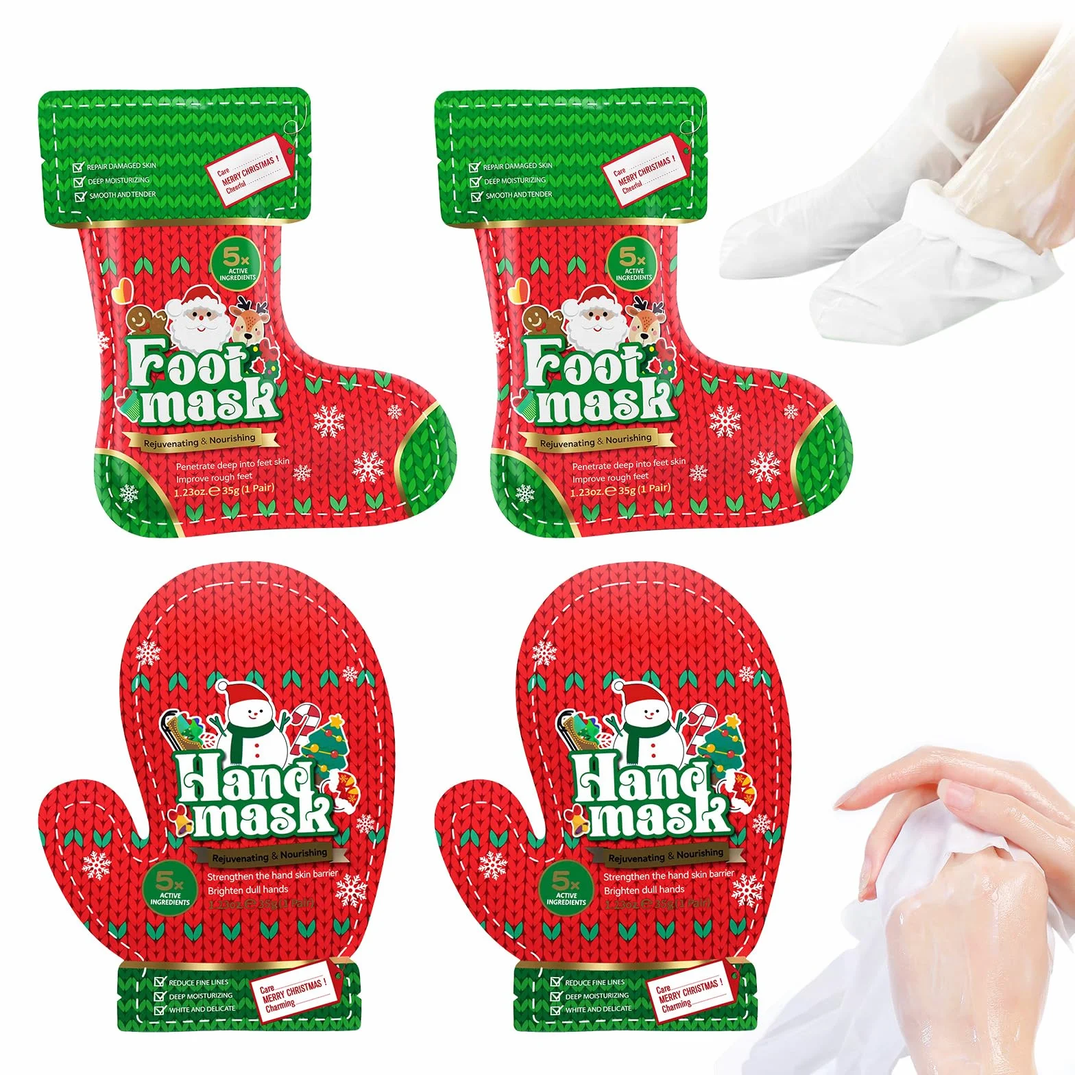 Set de Masques Mains et Pieds Christmas, 2 Pièces Exfoliant Pied, Soin Réparateur Peaux Sèches