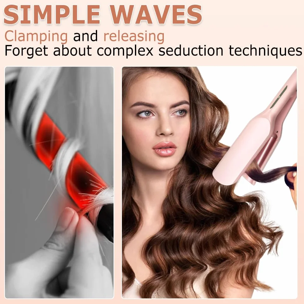 Fer a Onduler Cheveux, 32mm Boucleur a Cheveux, Fer à Onduler, Fer a Gaufrer les Cheveux, Fer a Friser Boucler avec 5 Températures Réglables, Boucleur Wavy pour Tous les Types de Cheveux (Rose)