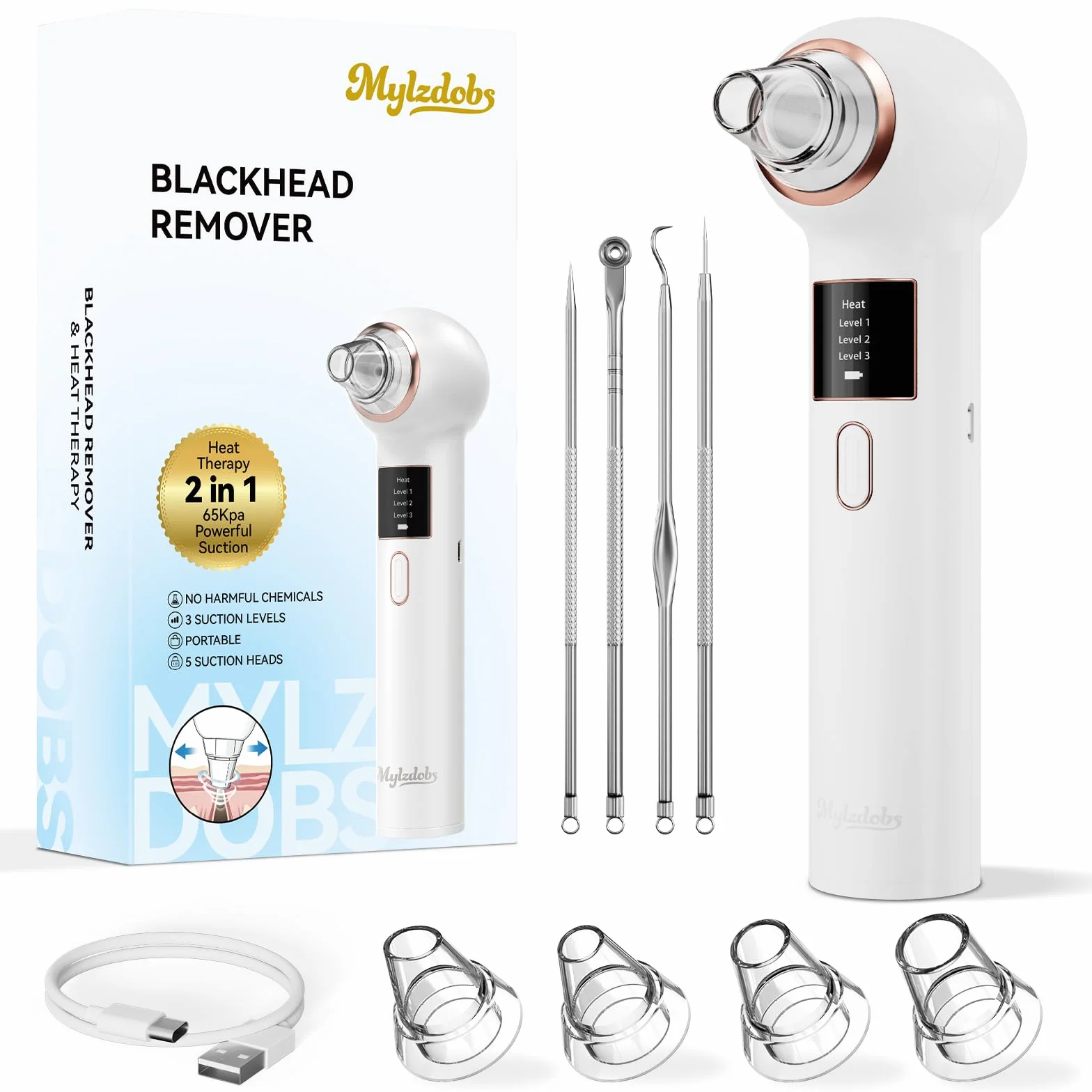Aspirateur Point Noir 3 Modes Visage 5 Sondes, Blanc | Extracteur de Point Noir, Nettoyage du Visage, Inclut Ensemble Traditionnel d'Aiguilles,tire comedon