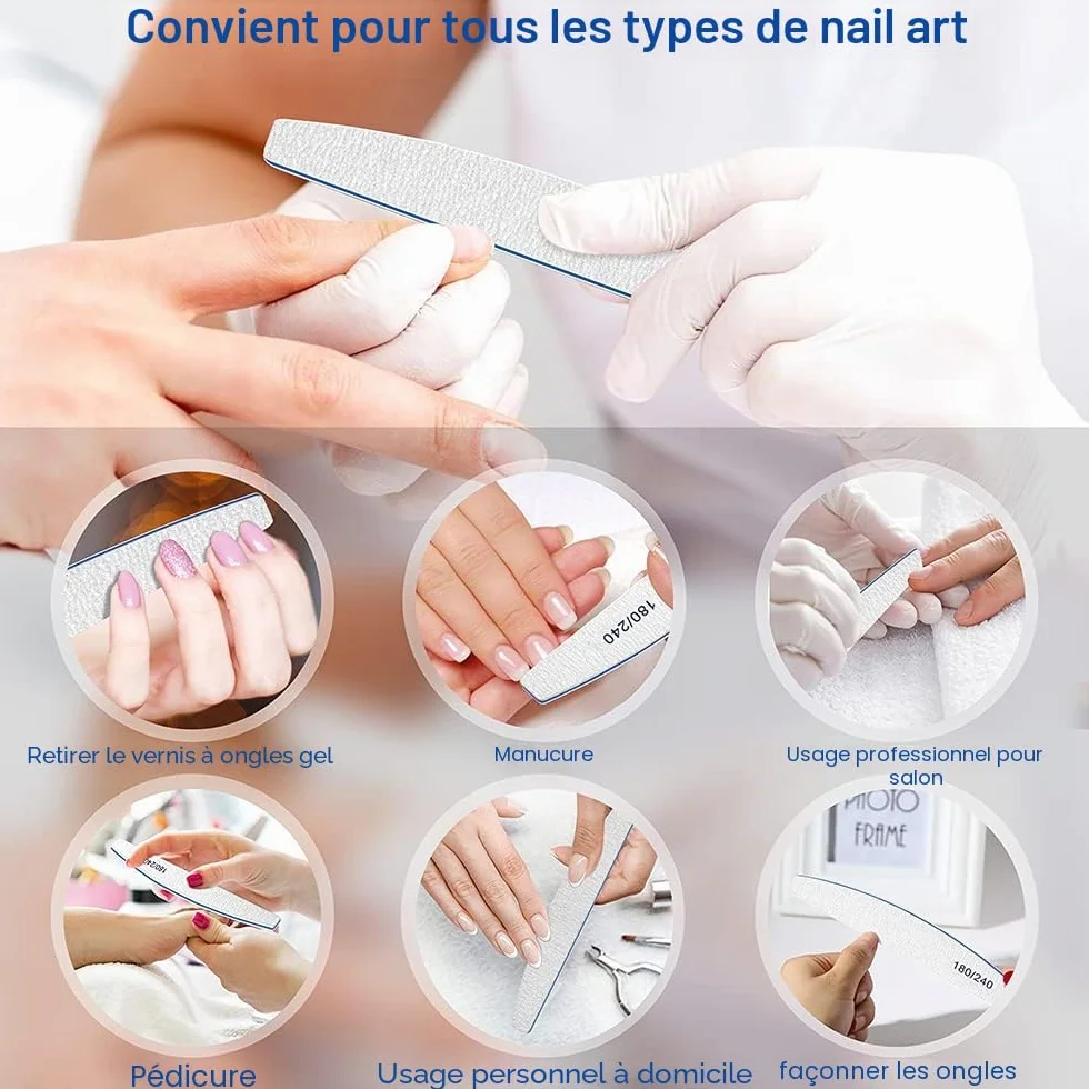 Lime à ongles professionnelle 180/240 Grit, 12Pcs Emery Board, Set lavable réutilisable