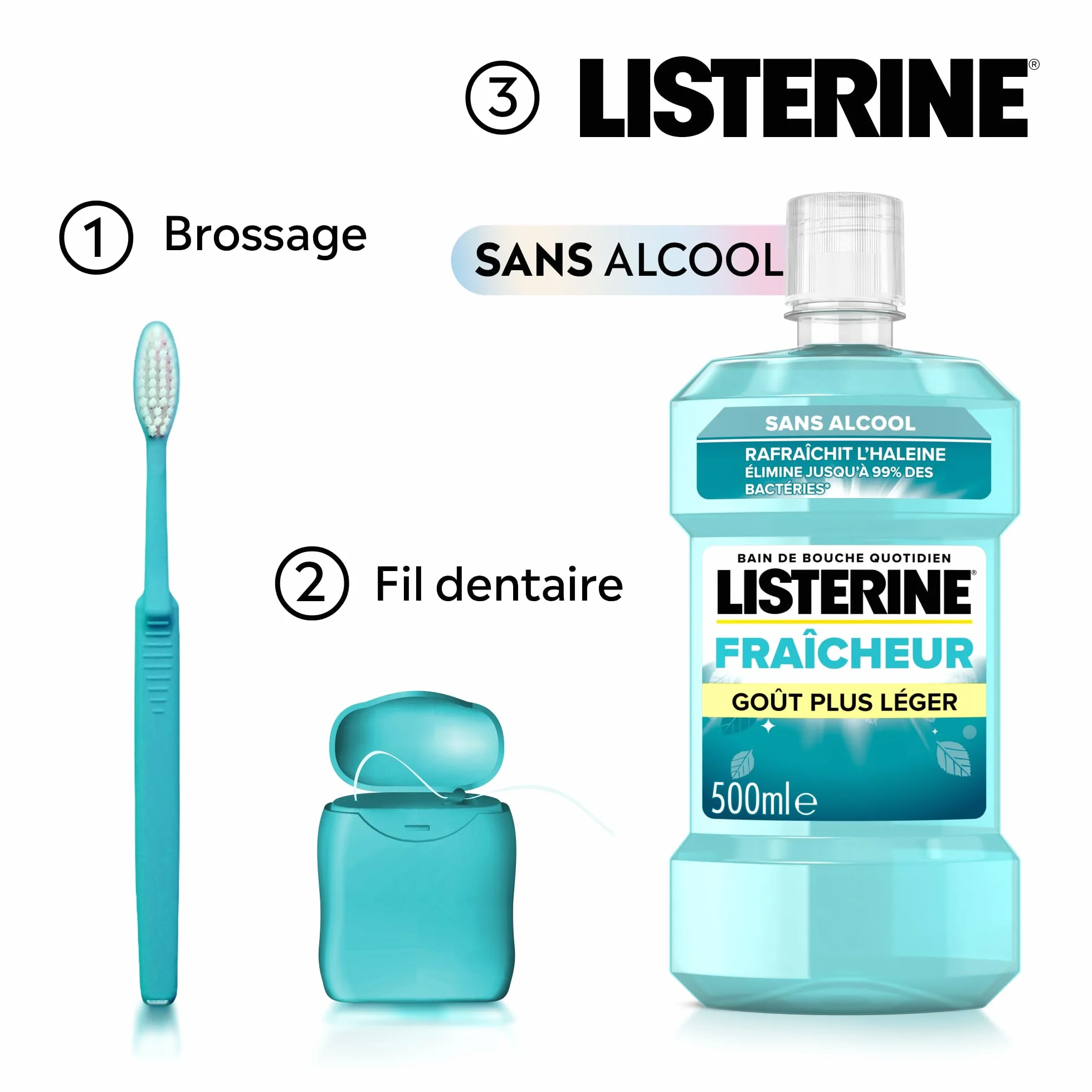 Listerine Bain de Bouche Fraîcheur Goût Plus Léger 0% Alcool 500 ml Soin bucco-dentaire quotidien sans alcool