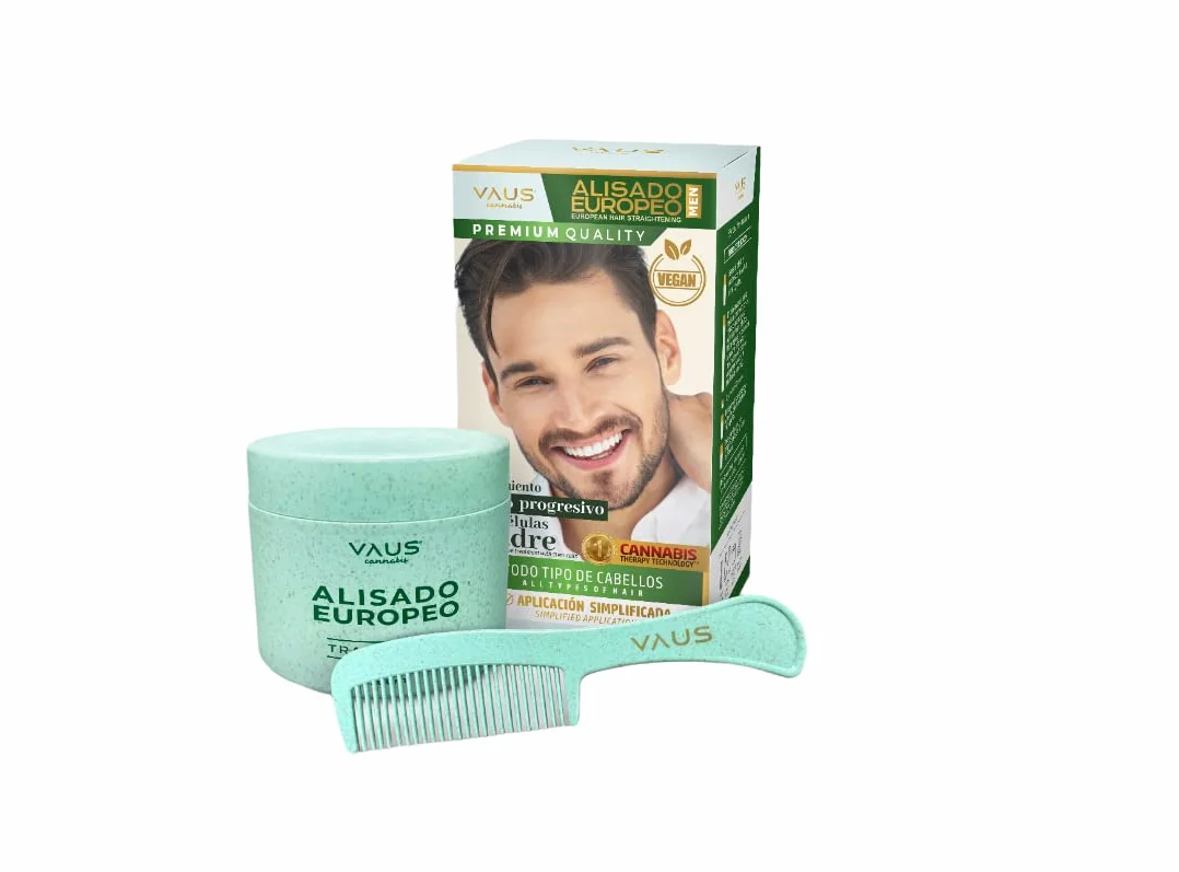 VAUS | Lissage Européen | Kit professionnel avec Crème Lissante et Peigne - Traitement Capillaire à Base de Cannabis Therapy Technology - Crème Vegan avec Emballage Écologique- Pour Homme