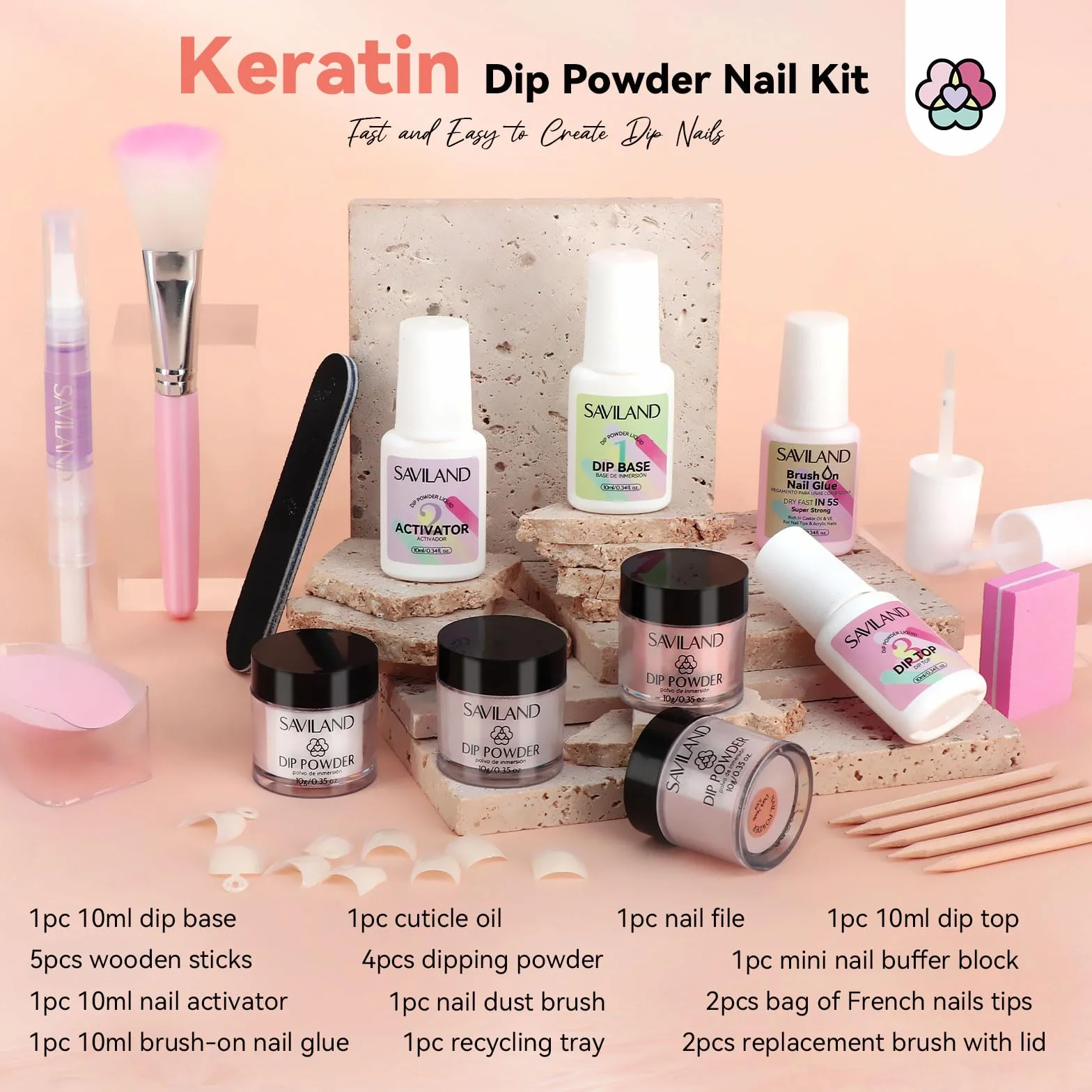 Saviland Dip Powder Kit Complet 6 Couleurs Manucure Kératine Base Coat Top Coat Activateur Huile Cuticules