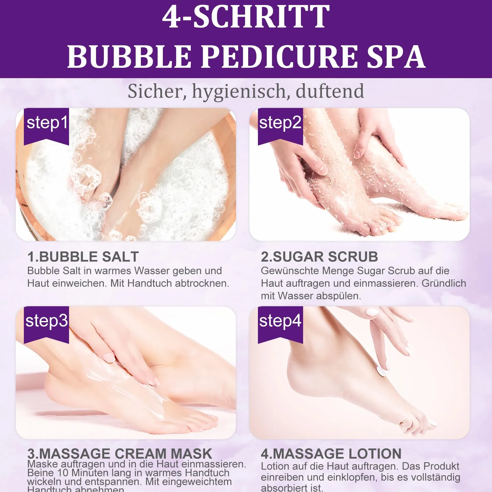 Kit de trempage des pieds : sel bulle, gommage au sucre, masque de massage, lotion de massage dans une boîte, kit spa 4 étapes pour pieds secs, adoucit les callosités, pieds fatigués (3