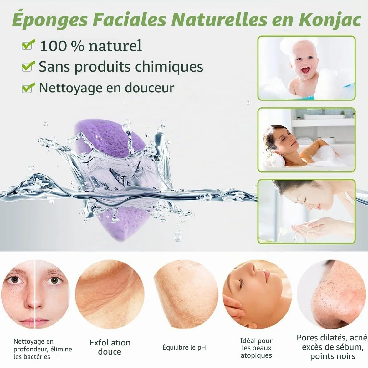 Éponges Konjac Naturelles Lot de 6 - Nettoyant Visage Profond au Charbon Actif & Aloe Vera - Exfoliant Doux Anti-Points Noirs