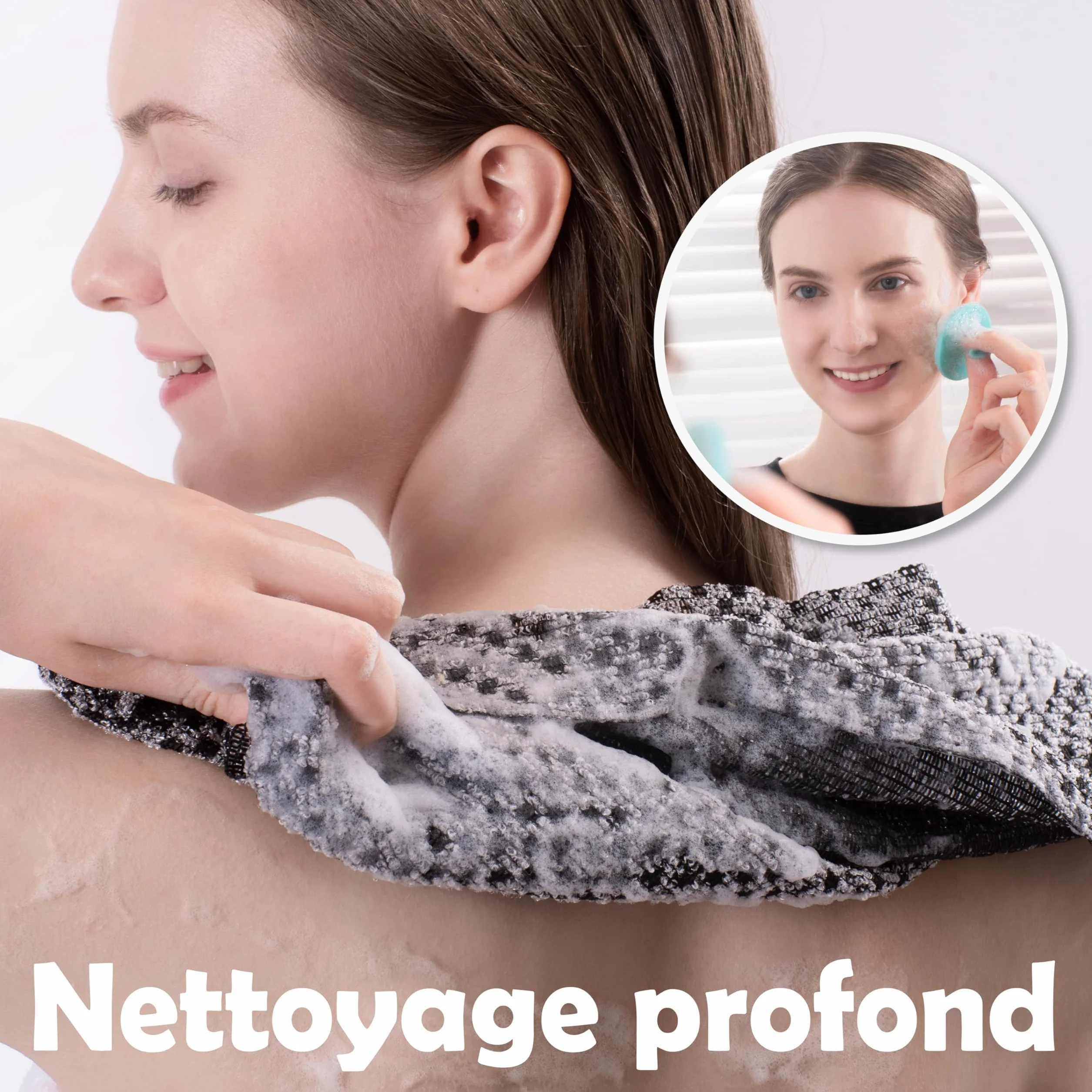 myHomeBody Extra longue Exfoliant Chiffon de lavage Brosse à corps Serviette exfoliante 3D Texture Obsidian and Raisin Dots Ensemble de 2