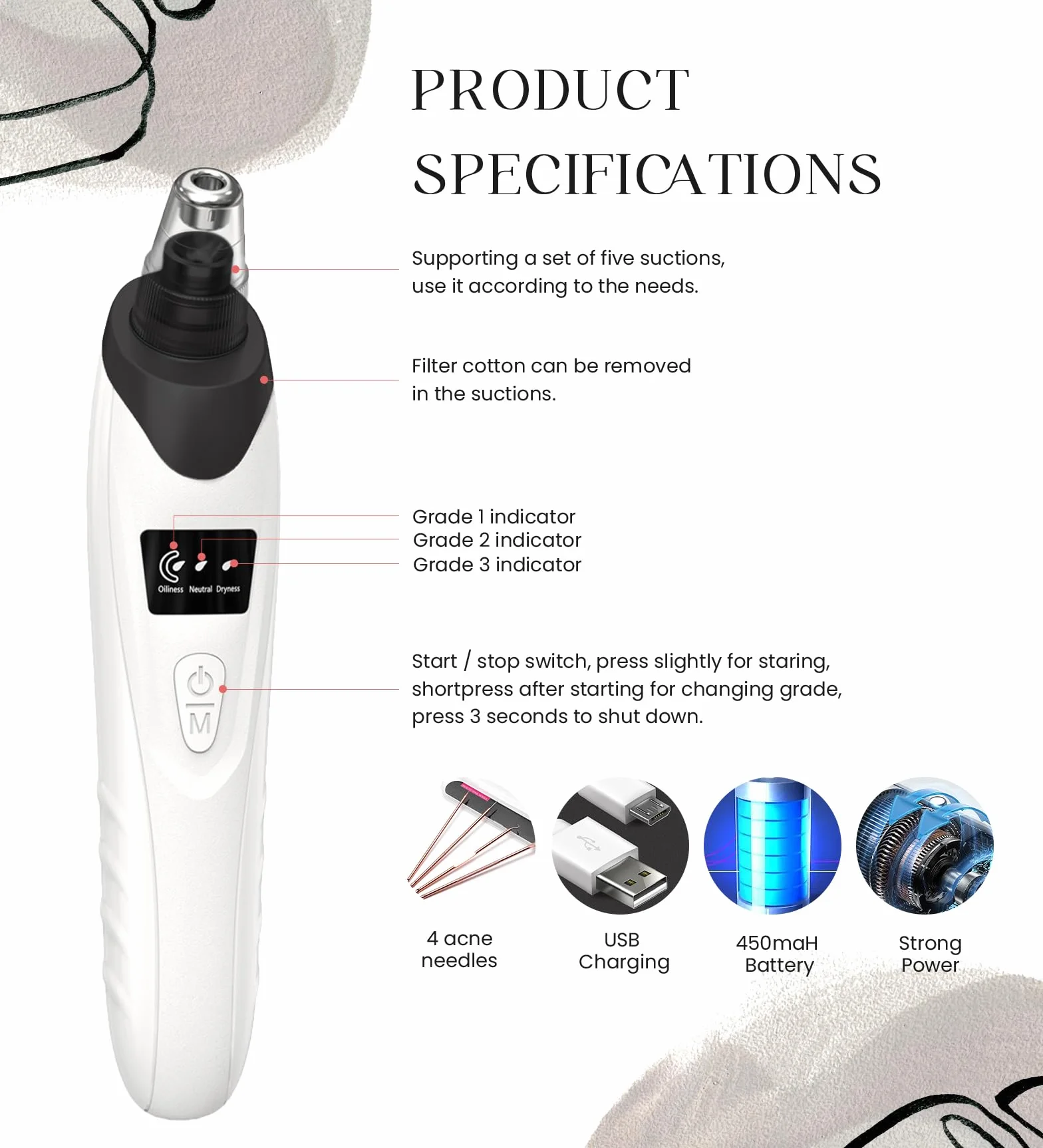 Extracteur de points noirs 2024, nettoyeur de pores du visage - 5 puissances d'aspiration, 5 sondes - Kit d'aspirateur électrique rechargeable par USB pour adultes