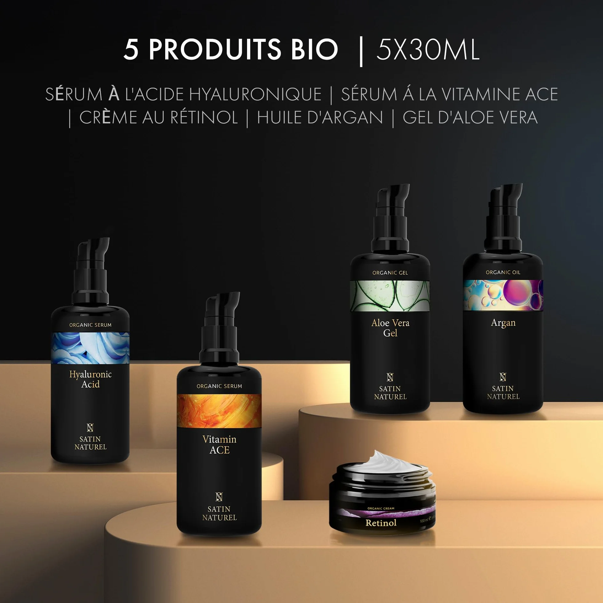 Satin Naturel Coffret Cadeau Femme 5x30ml Sérums Vitamine C Acide Hyaluronique Huile d'Argan Bio Gel Aloe Vera Crème Hydratante Visage Soins Visage Anti-Âge