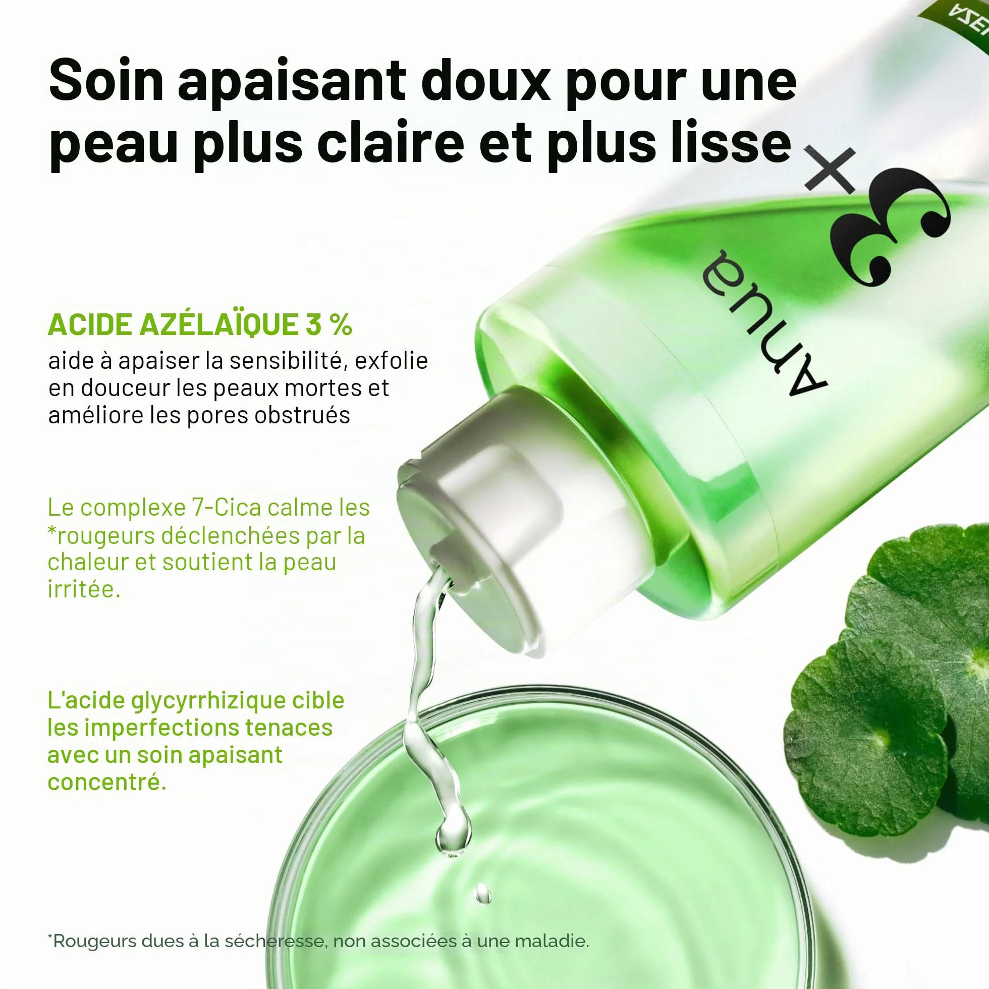Anua Azelaic Acid 3 CICA Skin Claryfing, tonifiant et transparent, avec acide salicylique et acide azélaïque, sébum & Spot Care, convient aux peaux sensibles, soins de la peau coréenne (250 ml)