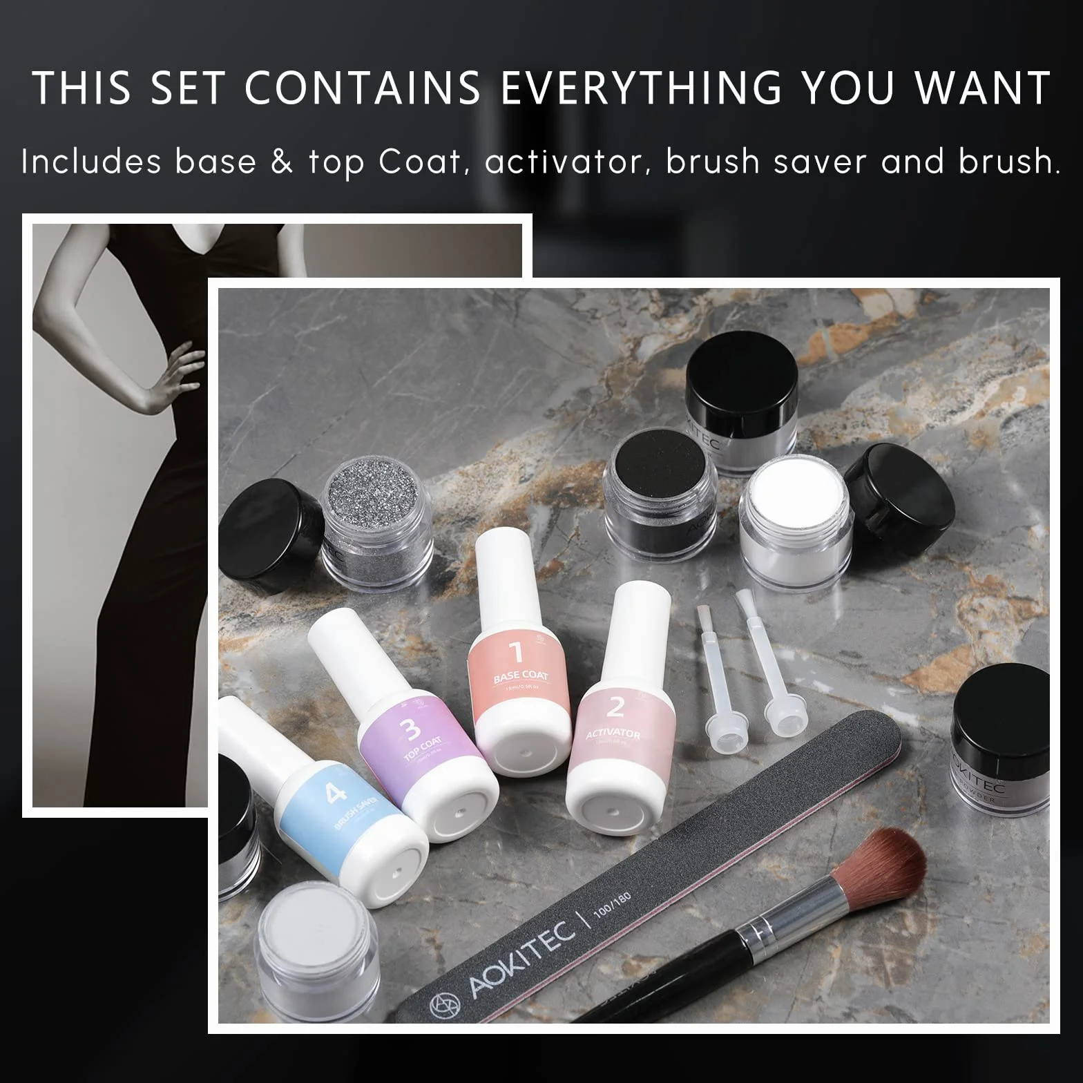 Aokitec Kit de Poudre à Ongles 14Pcs 8 Couleurs Noir Blanc Paillette Acrylique avec Pinceau Nail Art Manucure