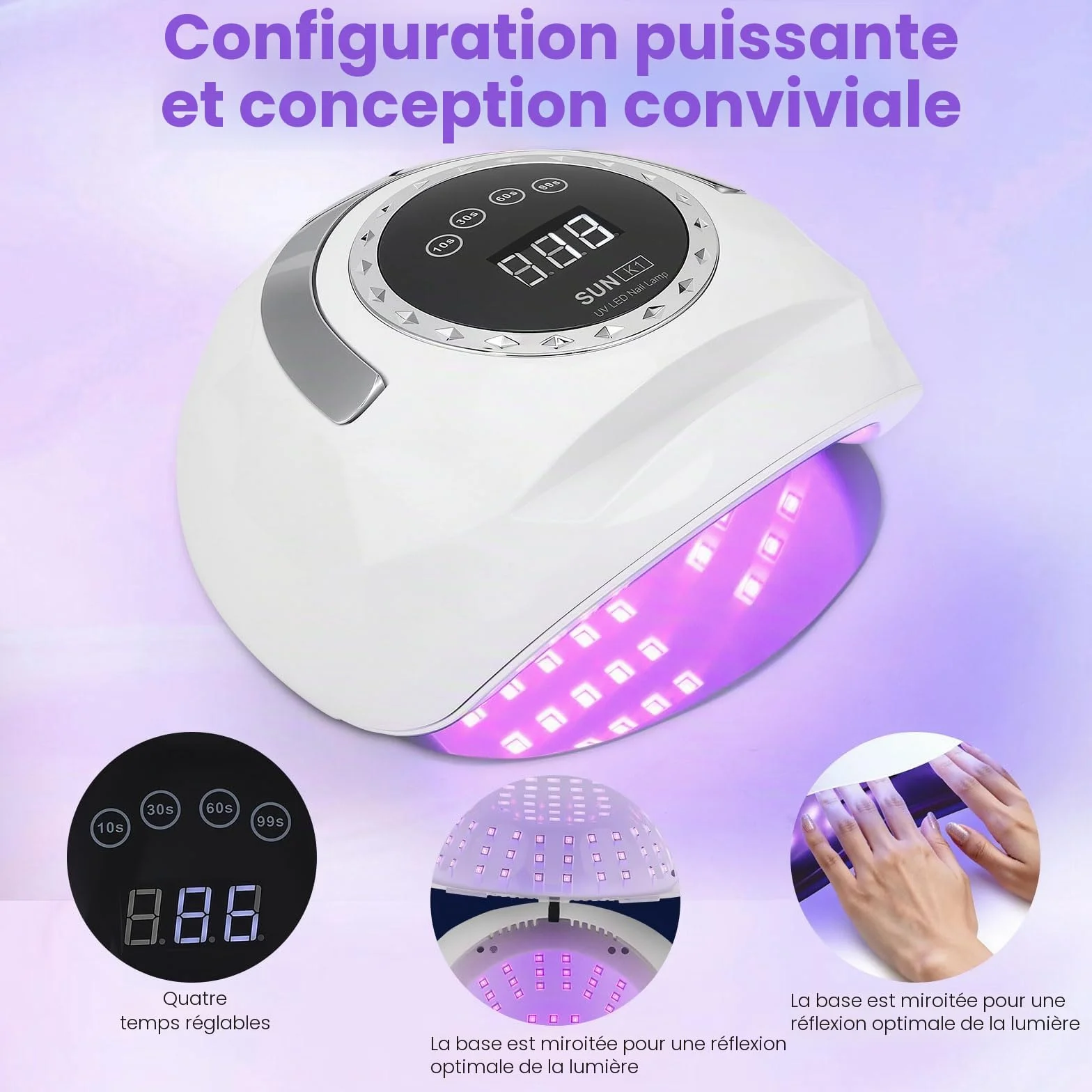Lampe UV pour ongles en gel, 4 réglages de minuterie, affichage numérique, séchoir à ongles LED 268 W avec 72 perles, capteur automatique avec lumière manuelle, lampe LED pour salon et maison
