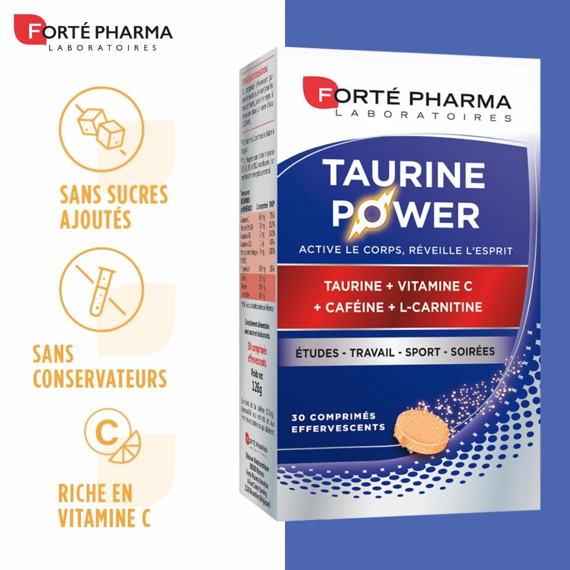 Forté Pharma Taurine Power Booster d'Énergie 30 comprimés effervescents Caféine Vitamine C L Carnitine