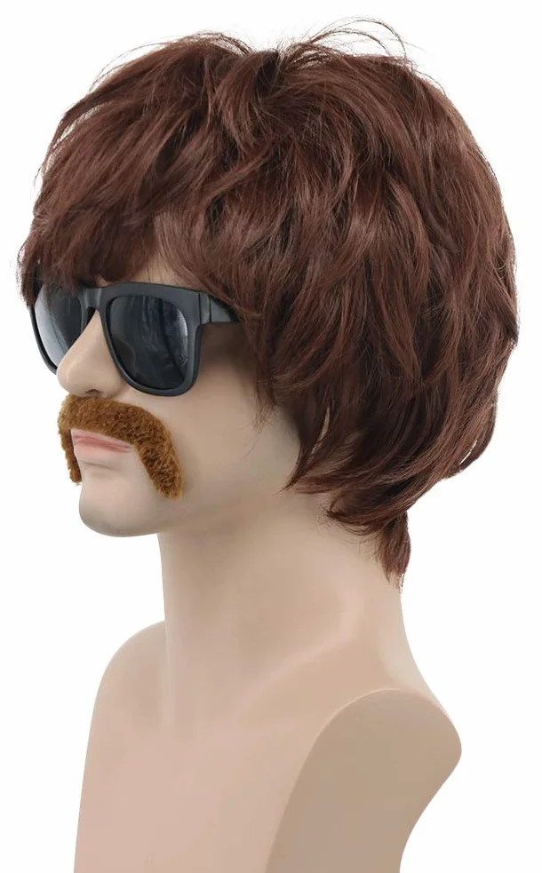 VGbeaty Perruque Courte Marron Brune des Années 60 70 80 pour Hommes avec Moustache Perruque Disco des Chanteurs Stars Hippie pour Carnaval Halloween Déguisement Party