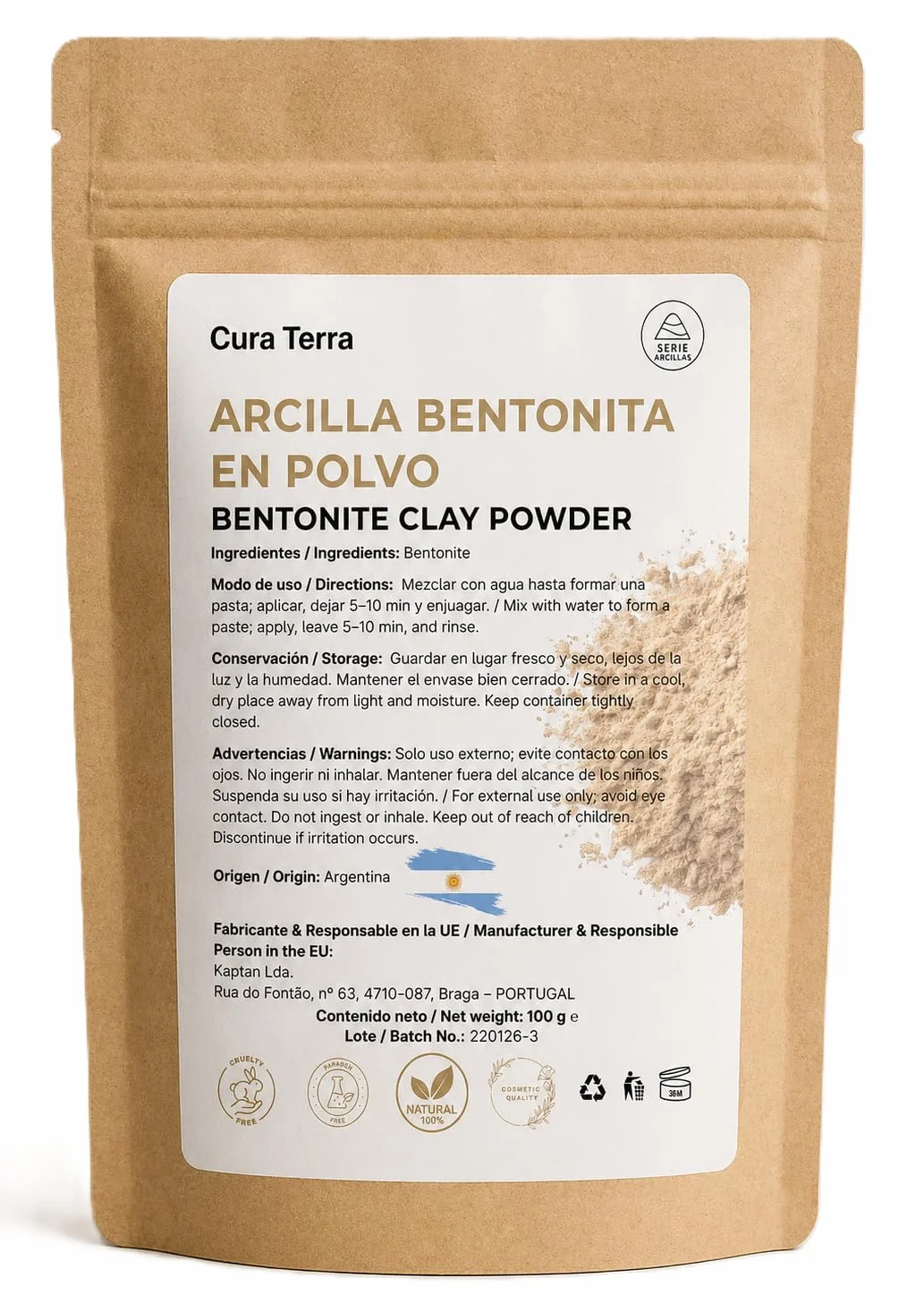 Poudre d'argile Bentonite 100 % Naturelle Argentine (100 g) pour masques faciaux et soins de la peau
