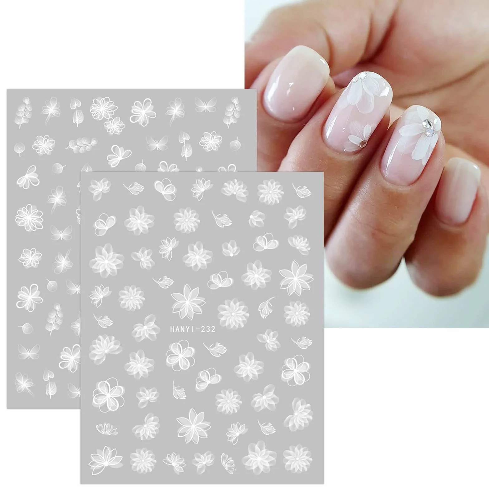 Stickers Ongles Fleur Blanc Printemps Été Nail Art Autocollants Autoadhésif Manucure 12 Feuilles