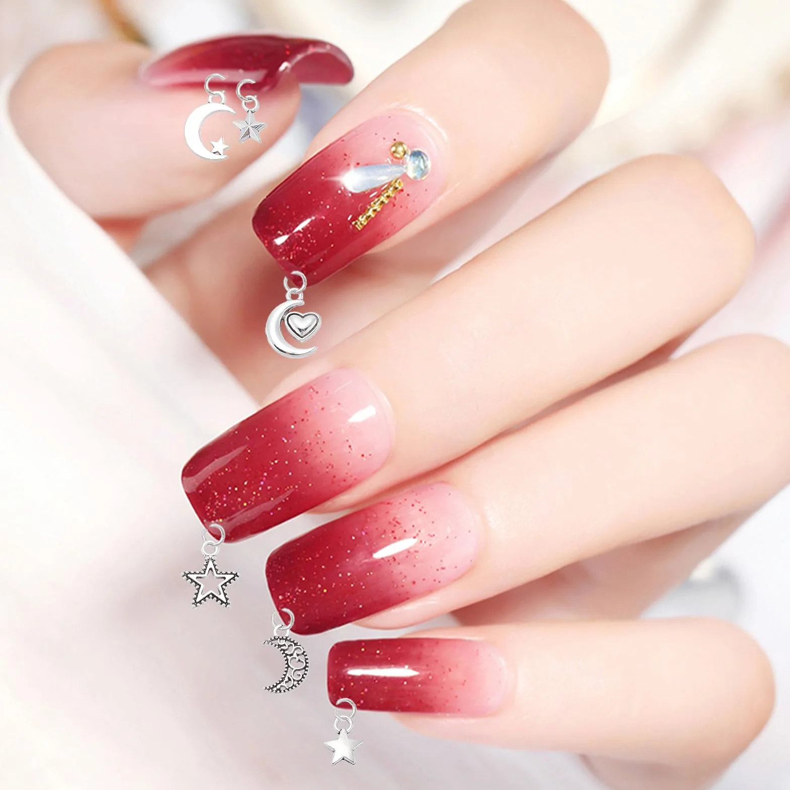 NICENEEDED Breloque Pendante Nail Art 3D Étoile Lune Argentée Anneaux Ongles Alliage Argenté avec Outil Perçage Décoration Artistique