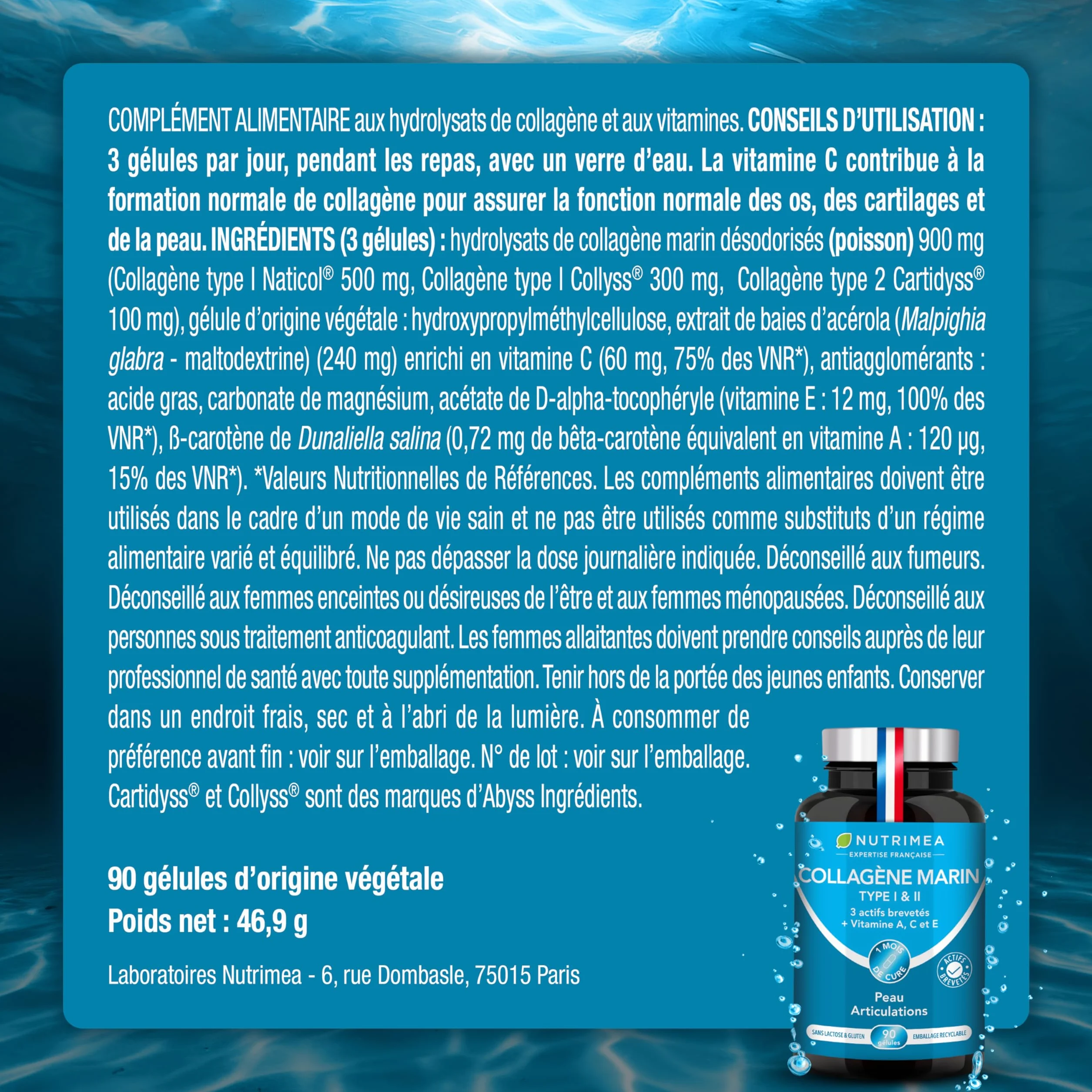 Nutrimea Collagene Marin Types I & II Brevetés 900 mg 90 Gélules Vitamines A C E Végétales Fabriqué en France