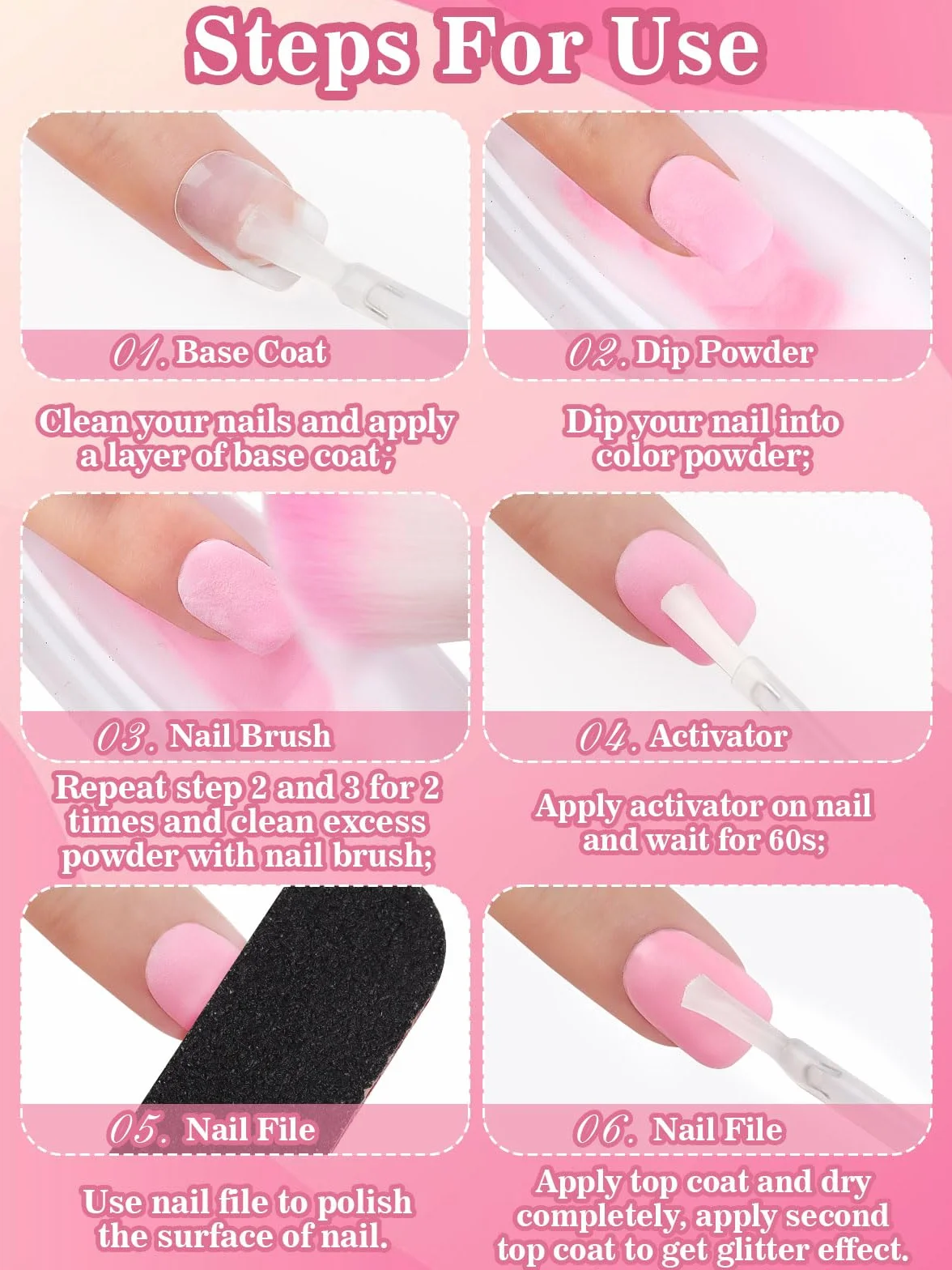 EBANKU Kit de Poudre Trempage pour Ongles 6 Couleurs Rose Chair Paillettes avec Base/Top Coat Activateur Manucure