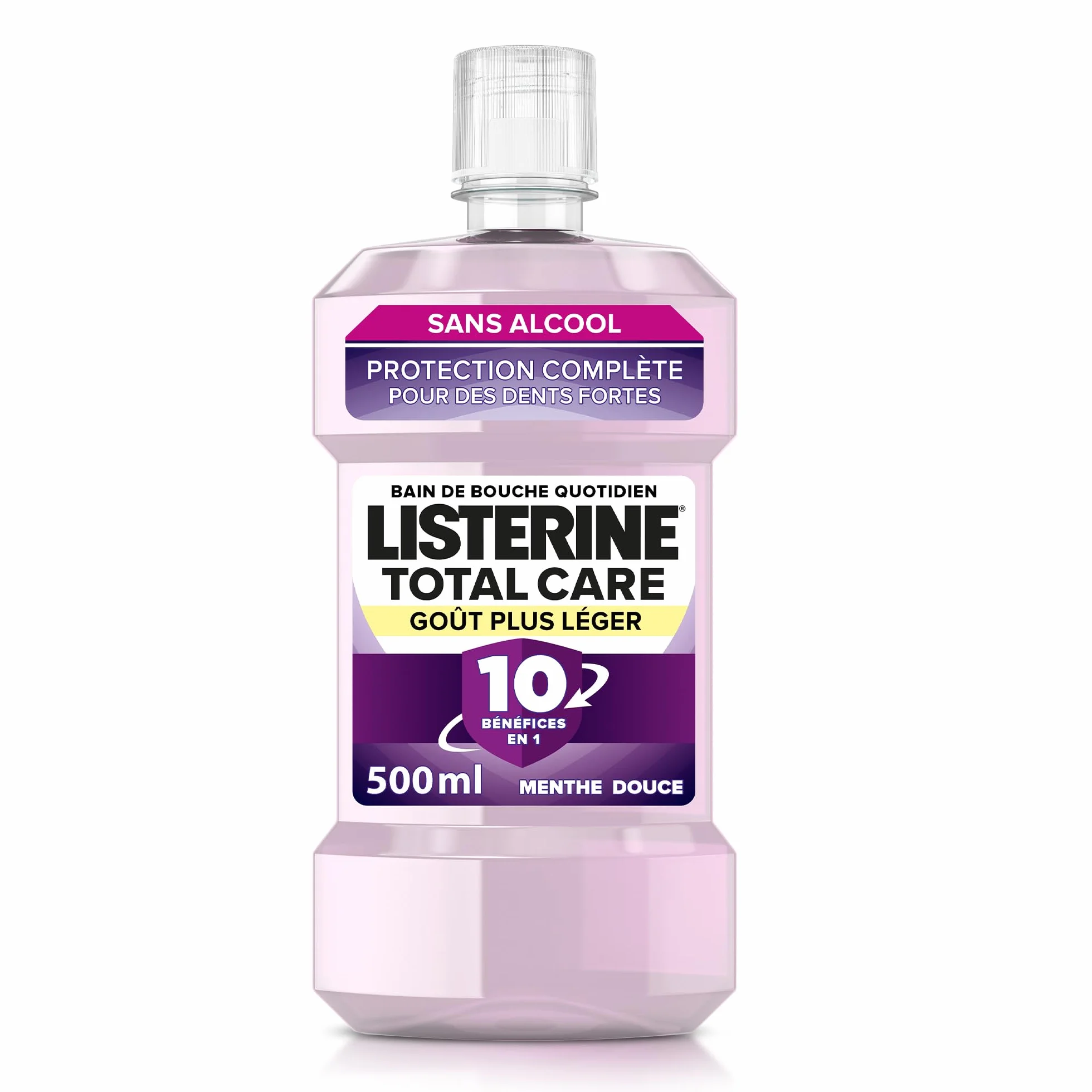 Listerine Bain de Bouche Total Care Goût Plus Léger 0% alcool 500 ml Soin bucco-dentaire 10 bénéfices en 1 Haleine fraîche durable