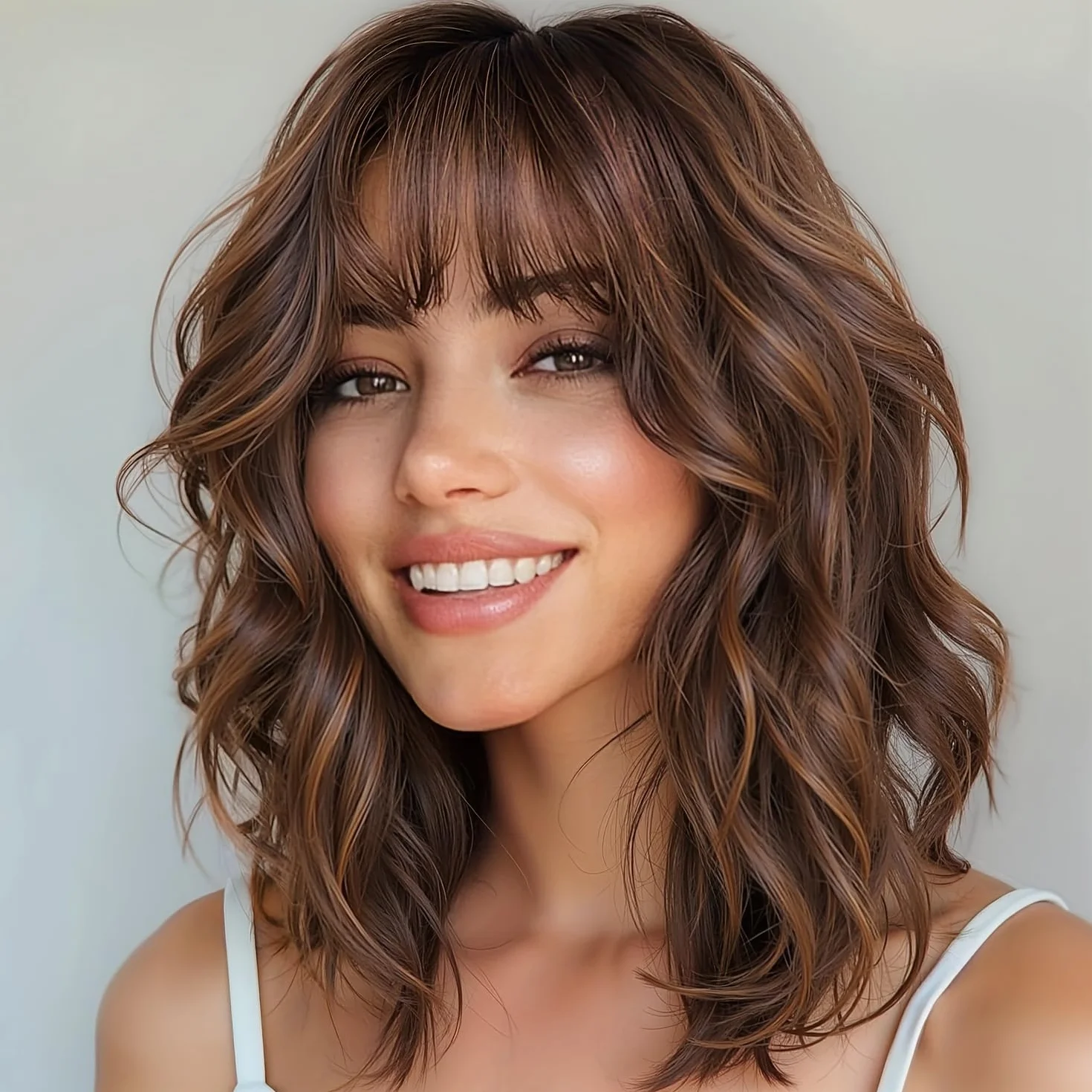 WIGNEE Perruque Carré Ondulée Courte avec Frange – Blond Ombré/Mèches, 30cm Fibre Synthétique Résistante à la Chaleur, Perruque Sans Colle Bouclée Naturelle pour Femme, Usage Quotidien & Fête