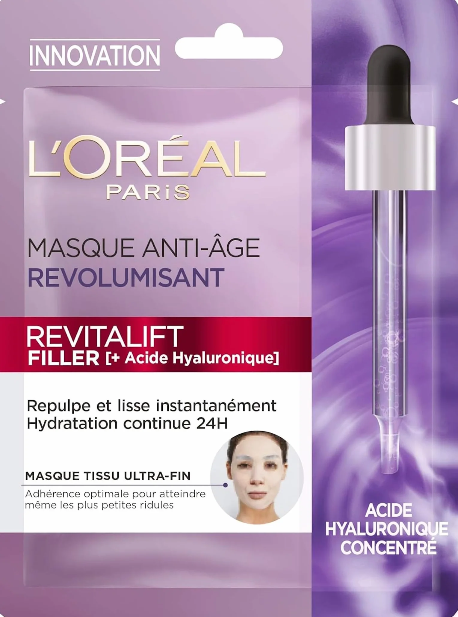 L'Oréal Paris Revitalift Filler Masque Tissu Visage Anti-Rides Hydratation 24H Acide Hyaluronique Pur 28 g