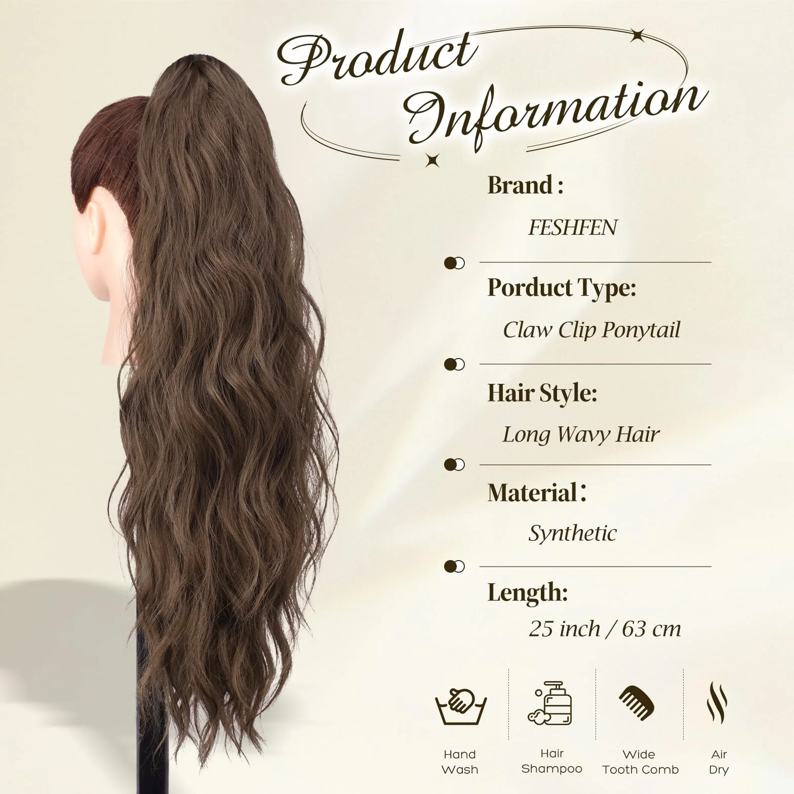 FESHFEN Extension Queue de Cheval avec Pince - Postiche Cheveux Naturel Ondulé Longue Ponytail Extensions Synthétique Fausse Rajout Postiches pour Femmes, 63 cm Châtain