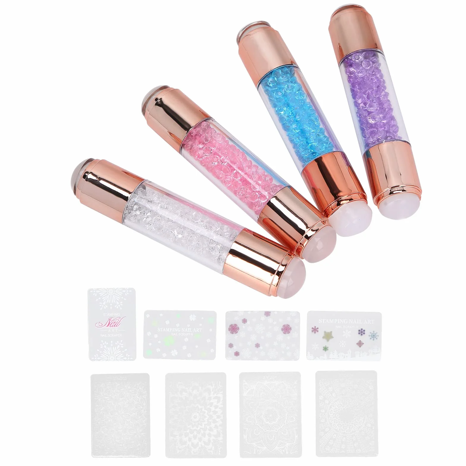 Generic Stylos Tampons en Silicone pour Manucure, Design à Double Tête, Résine de Silicone Transparente, Colorés, Adaptés à les Designs et Ongles Bleu + Rose + Transparent + Violet