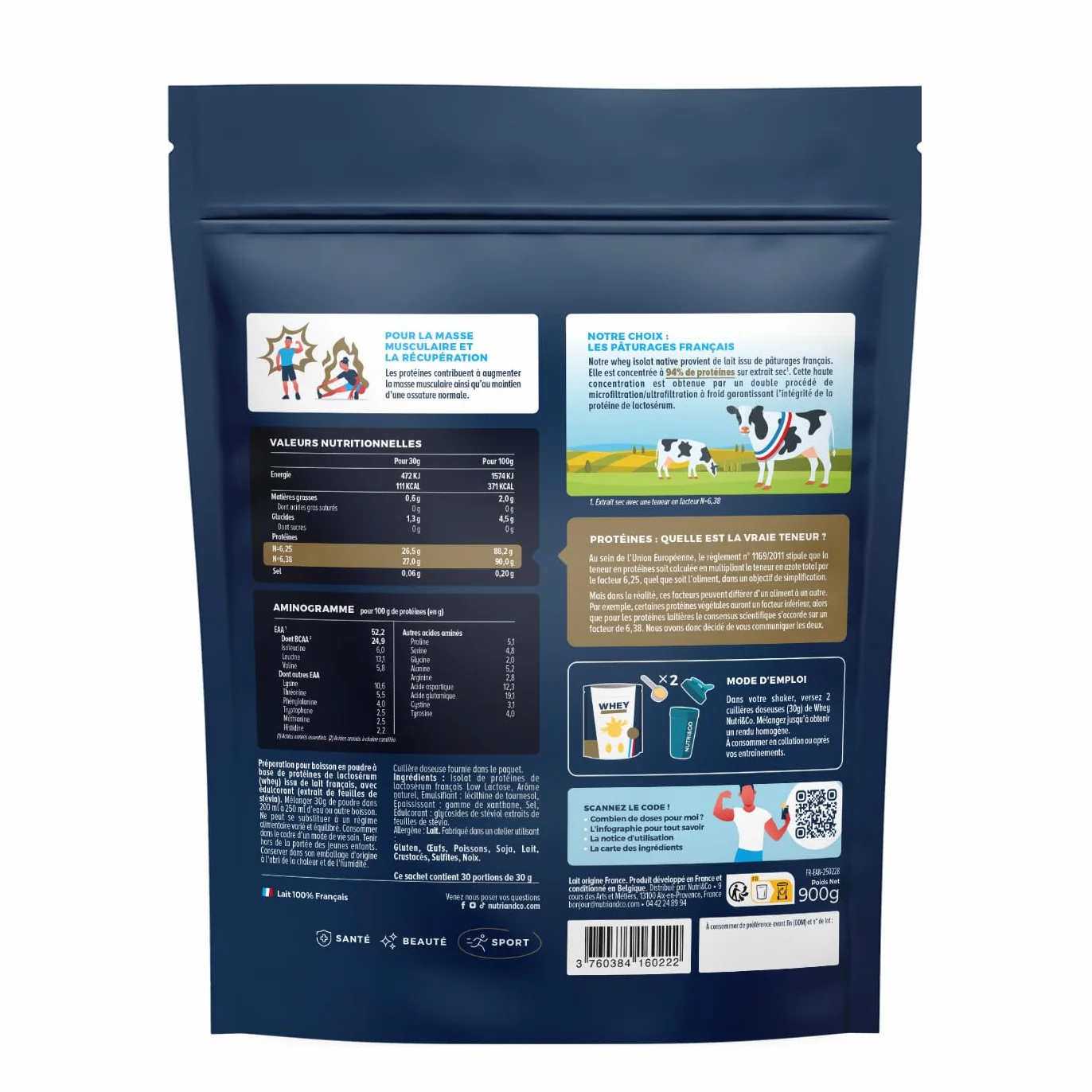 NUTRI & CO Whey Isolate Native 94% Protéines Pur Lait Français Low Lactose BCAA 900g Vanille