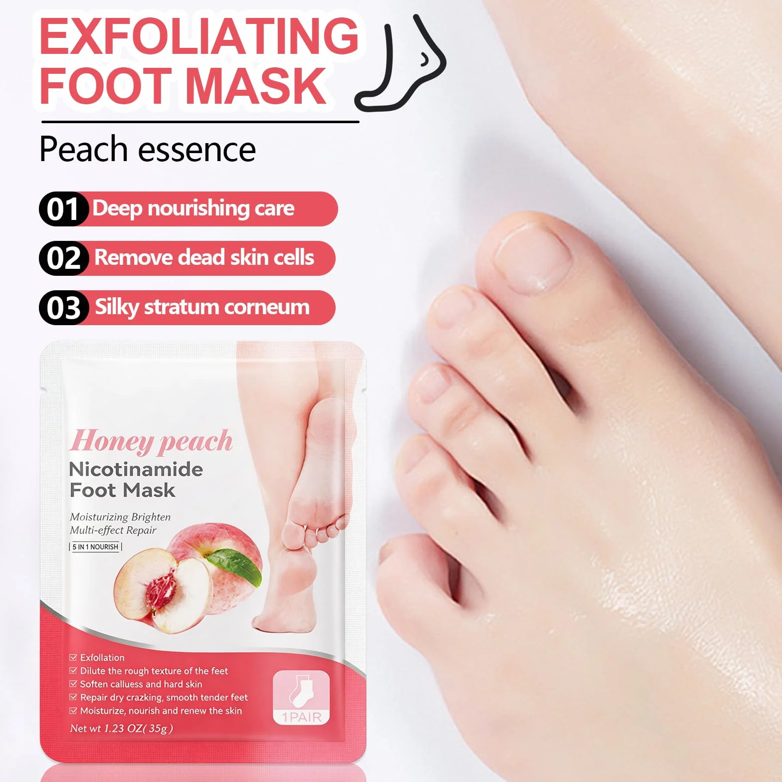 Masque Pied Peeling Pêche 3 Paires, Exfoliant Pieds Talons Peau Morte Sèche pour Pieds Doux
