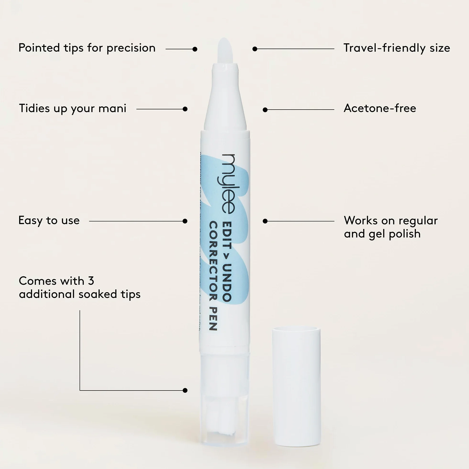 Mylee Stylo correcteur réutilisable pour vernis à ongles - Dissolvant sans acétone avec pointes de rechange