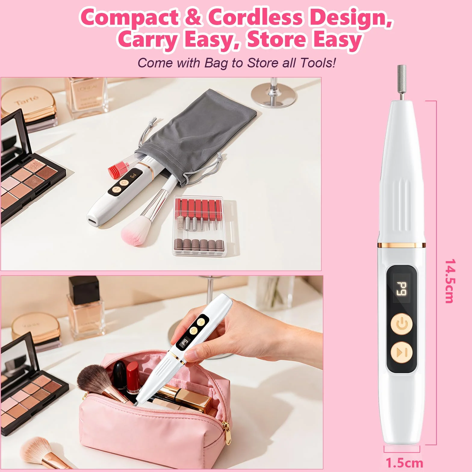 Ponceuse pour Ongles Professionnel 35000RPM Sans Fil, Écran LED LCD, Rechargeable Type-C