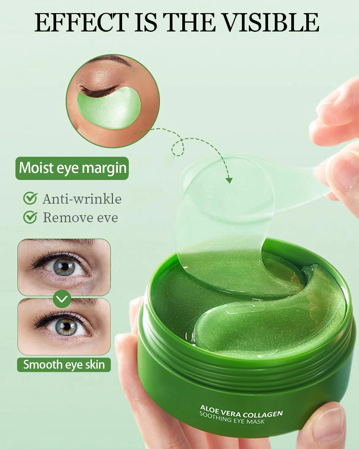 Masque pour les yeux à l'aloe vera 60 pièces, patch anti-cernes et poches, raffermit la peau