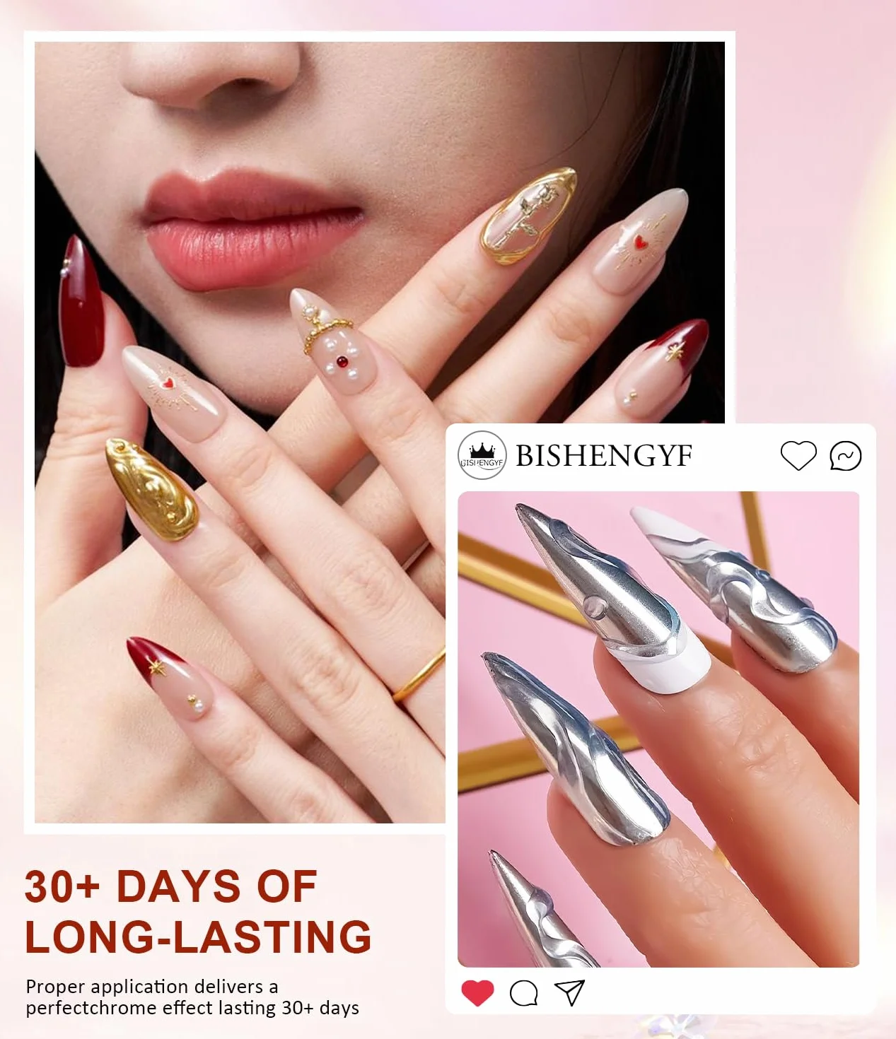 Kit de décoration d'ongles chromé et gel 3D 4 en 1, poudre miroir sans essuyage, or rose et argent, base solide transparente