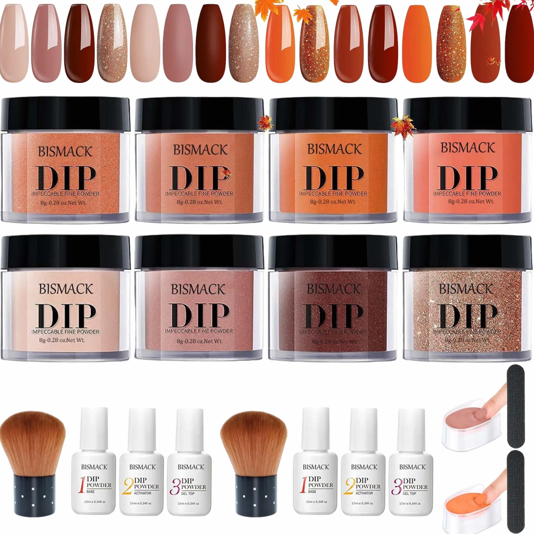 Kit de poudre à trempette à clous 10pcs 4 couleurs avec activateur base couche finition marron